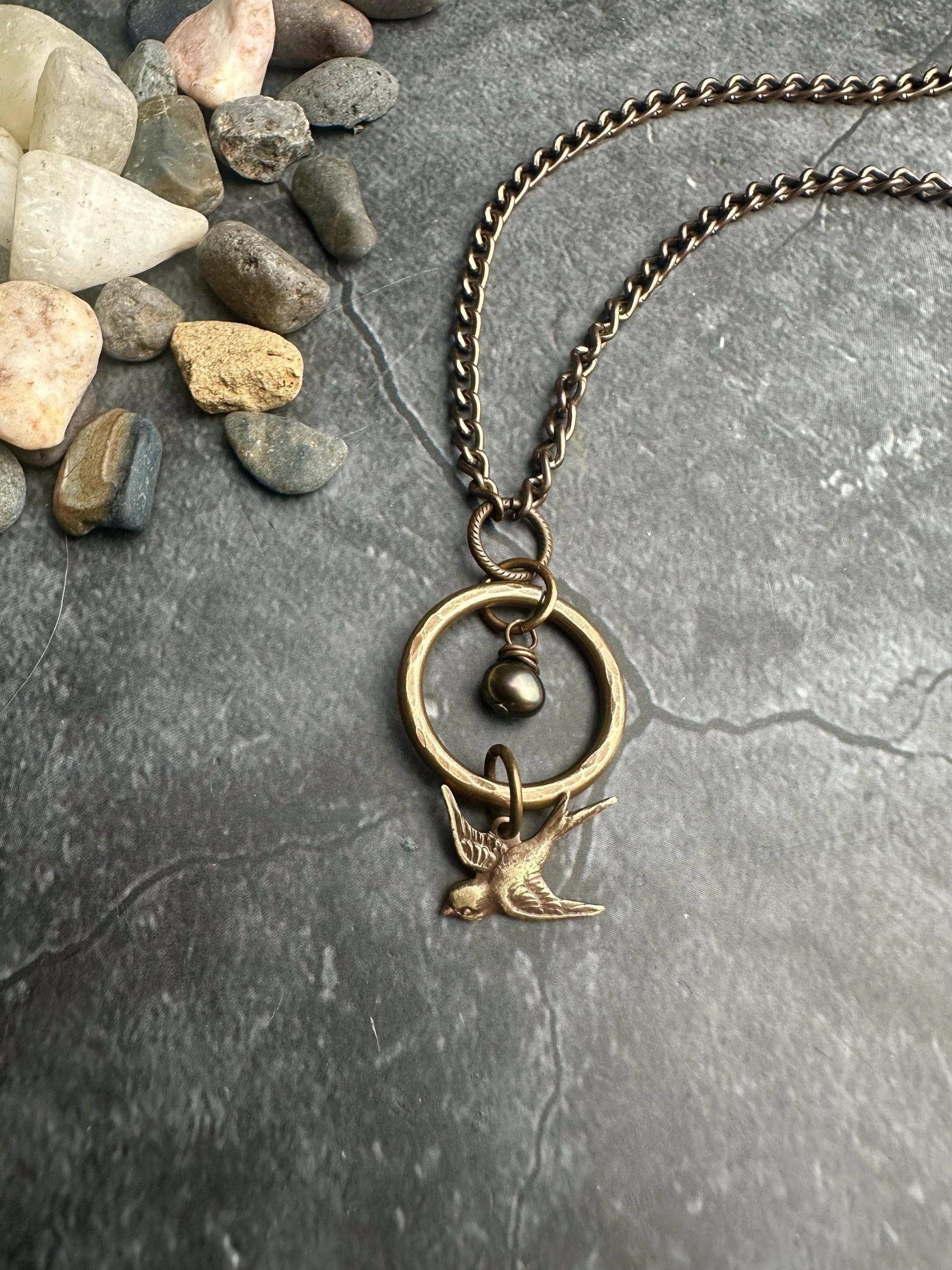 Enchanted Sparrow Pearl Necklace - Hammered Brass and Pearl