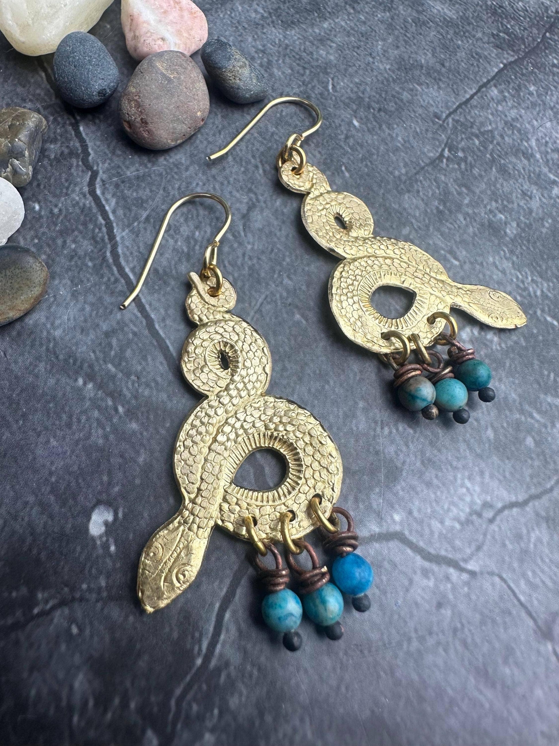 Snake Dangle Earrings - Brass Serpent with Blue Agate Drops