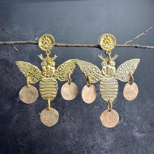 Bee Chandelier Earrings - Minoan Inspired Brass Post Dangle