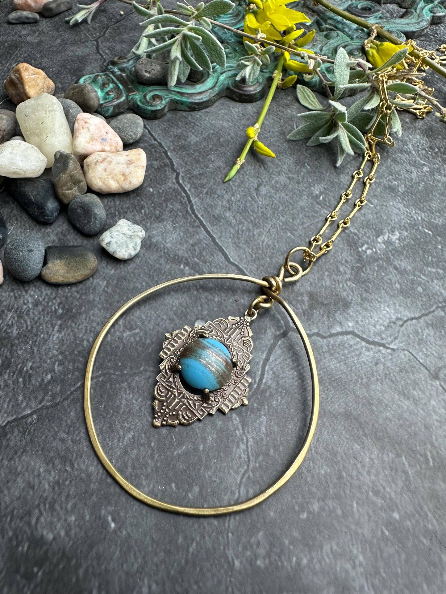 Venetian Glass Hoop Pendant Necklace - Brass Halo Pendant