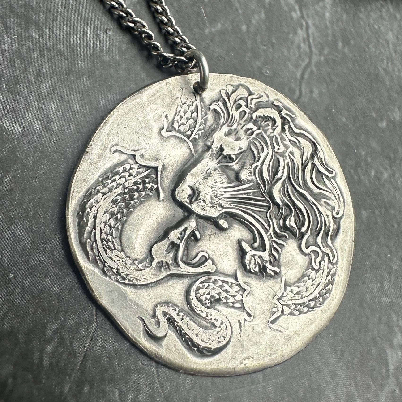 Lion & Snake Amulet Coin Medallion Necklace