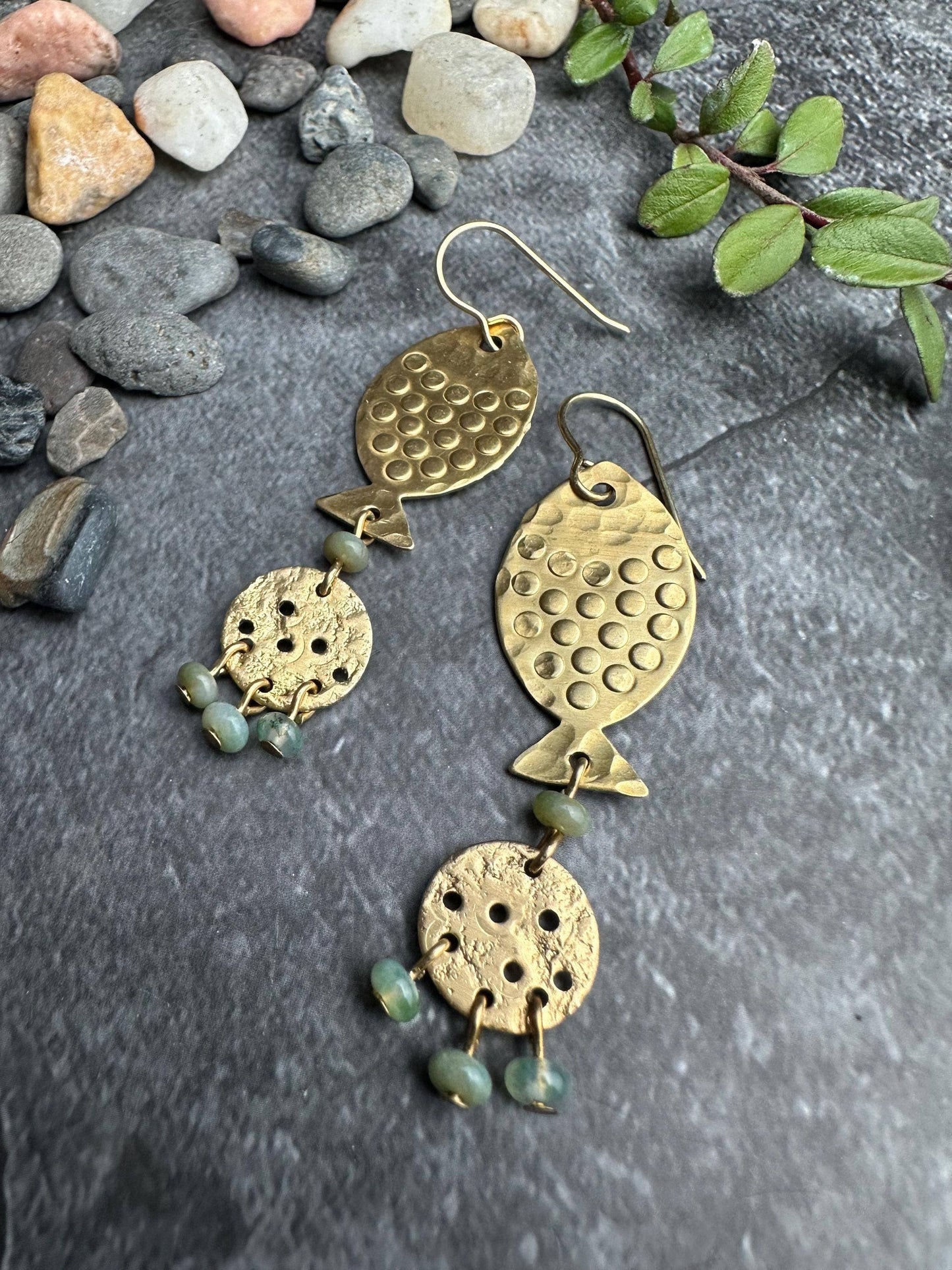 River Fish Dangle Earrings with Moss Agate