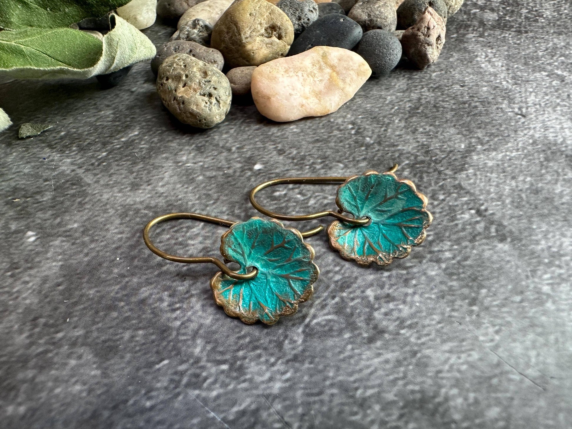 Lily Pad Leaf Earrings - Brass with Tiffany Green Patina