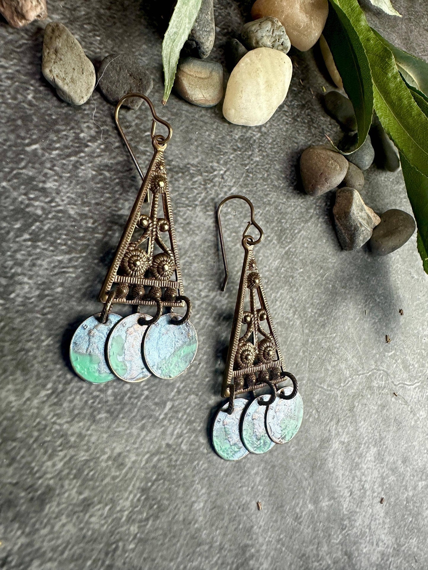 Sacred Triangle Coin Earrings - Patina Brass