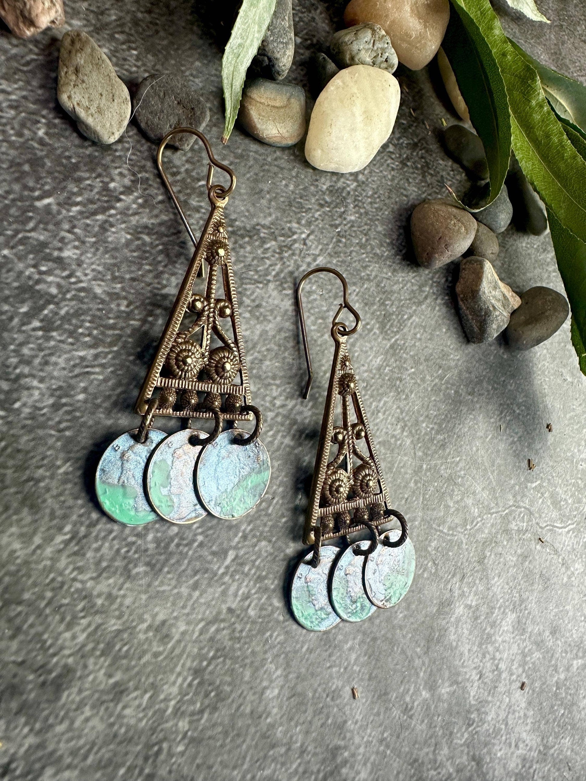 Sacred Triangle Coin Earrings - Patina Brass