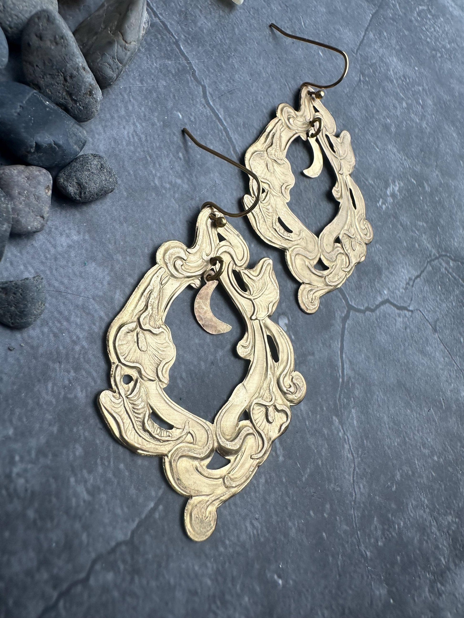 Moon Garden Earrings- Handmade Beaten Solid Brass