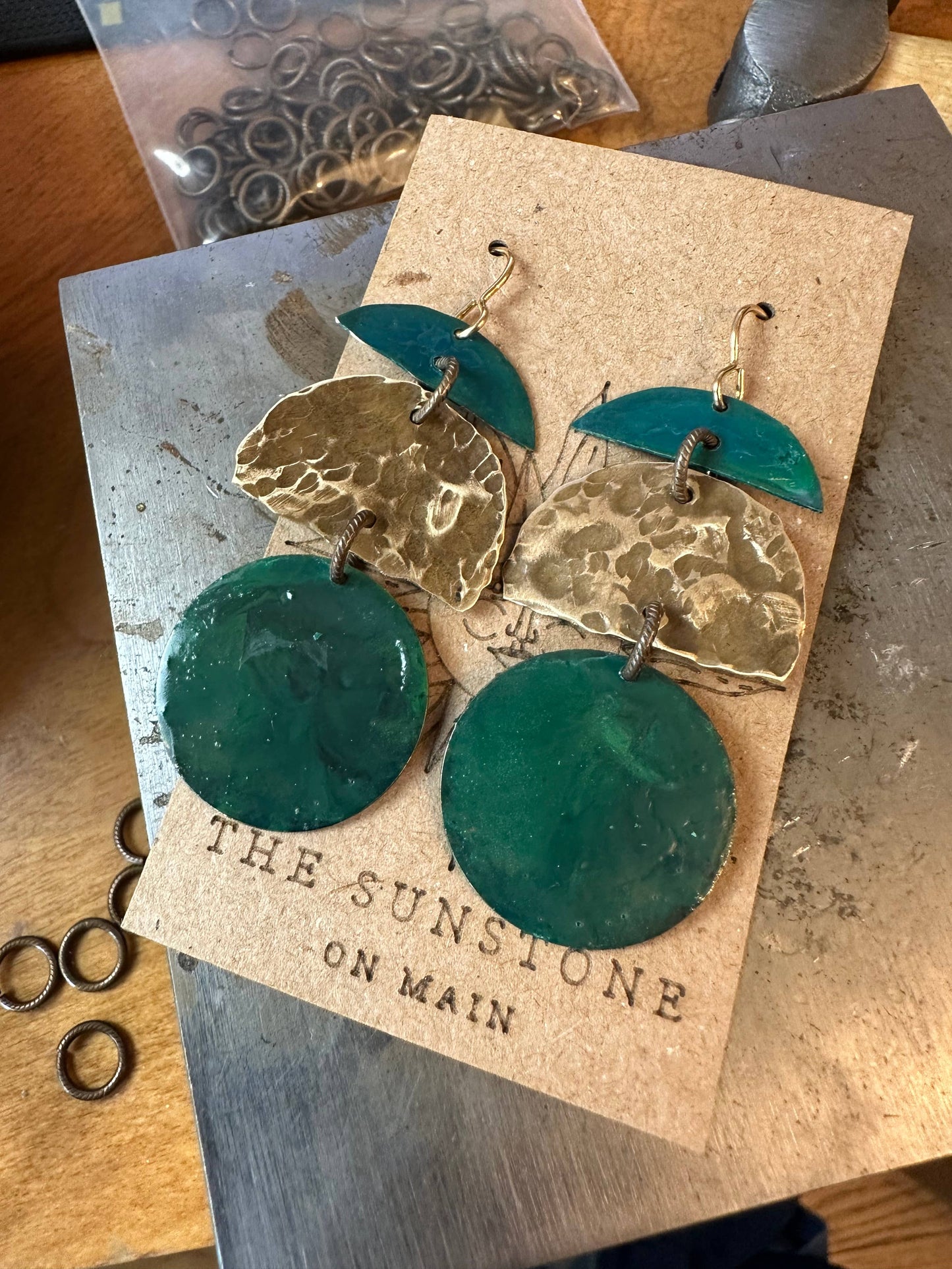 Geometric Shape Earrings- Handmade Solid Beaten Patina Brass