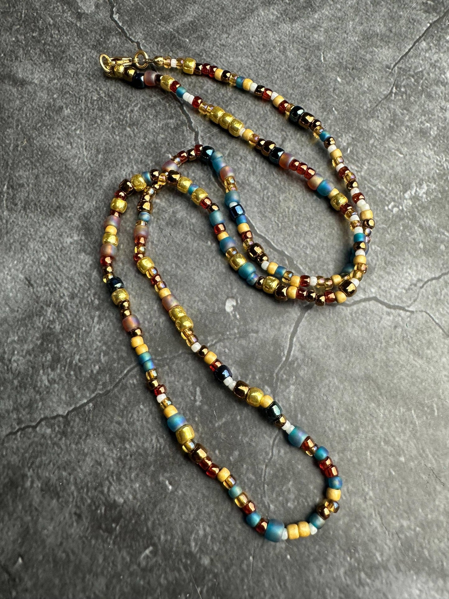 Seed Bead Necklace - Gold Blue Layering Necklace