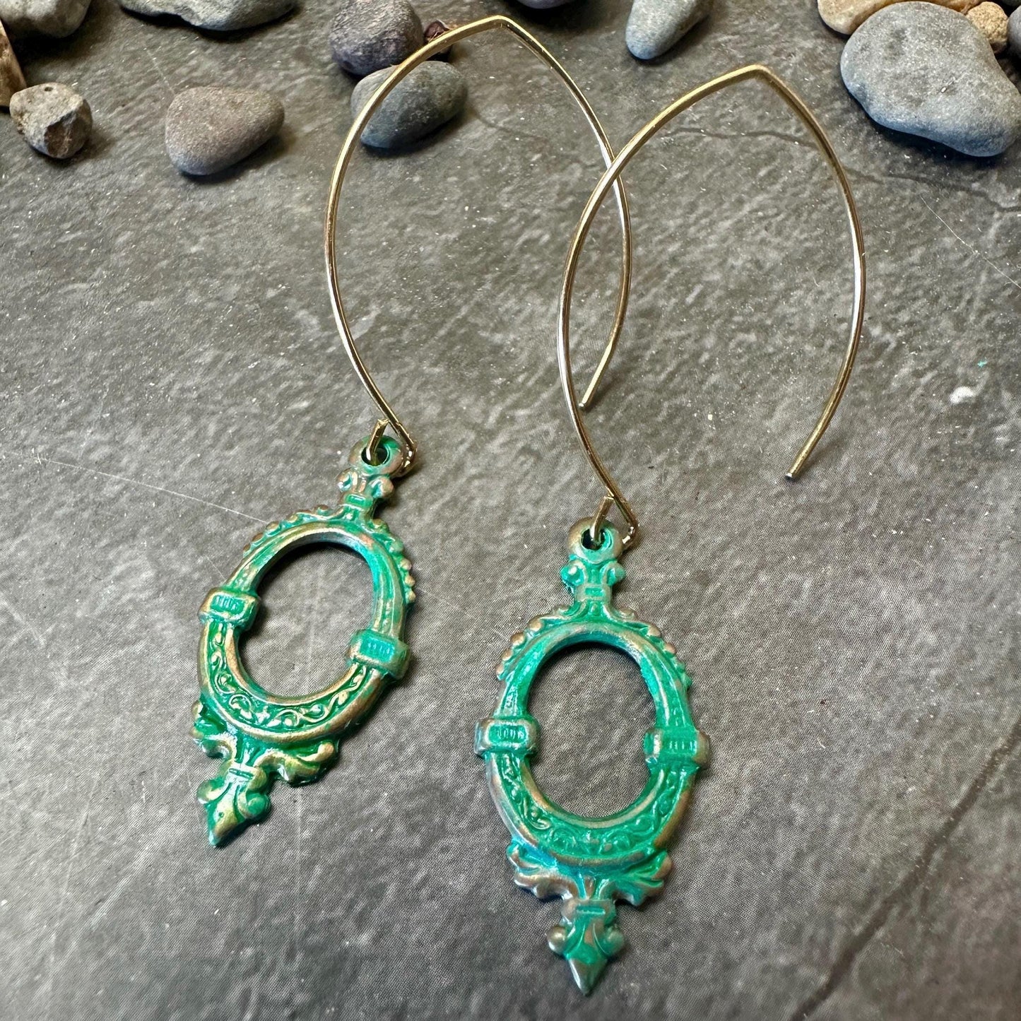 Victorian Frame Earrings Oval Garden Window - Handmade Solid Brass Green Hand Patina