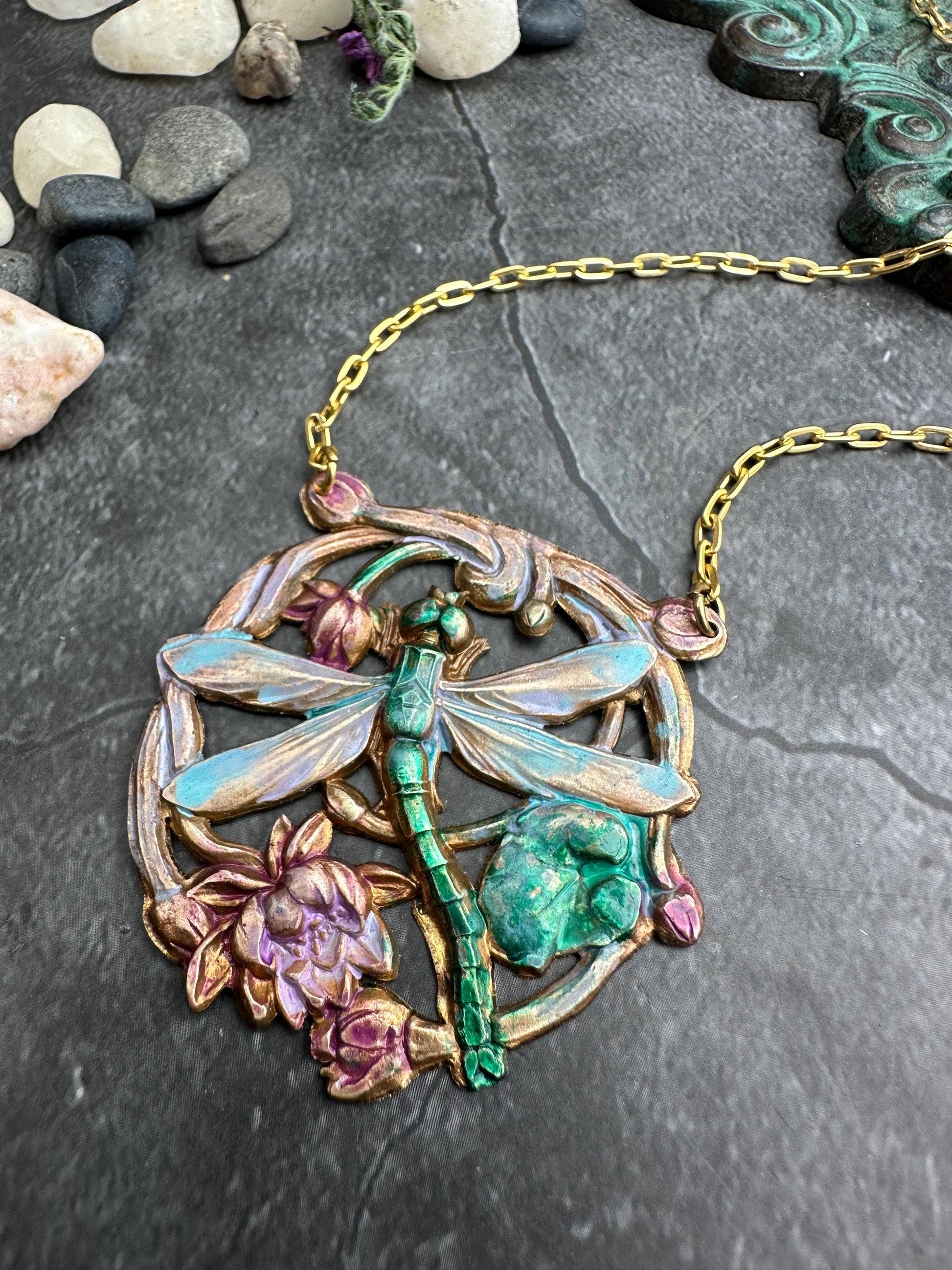 Dragonfly Pendant Necklace, Iridescent Patina Brass, Art Nou