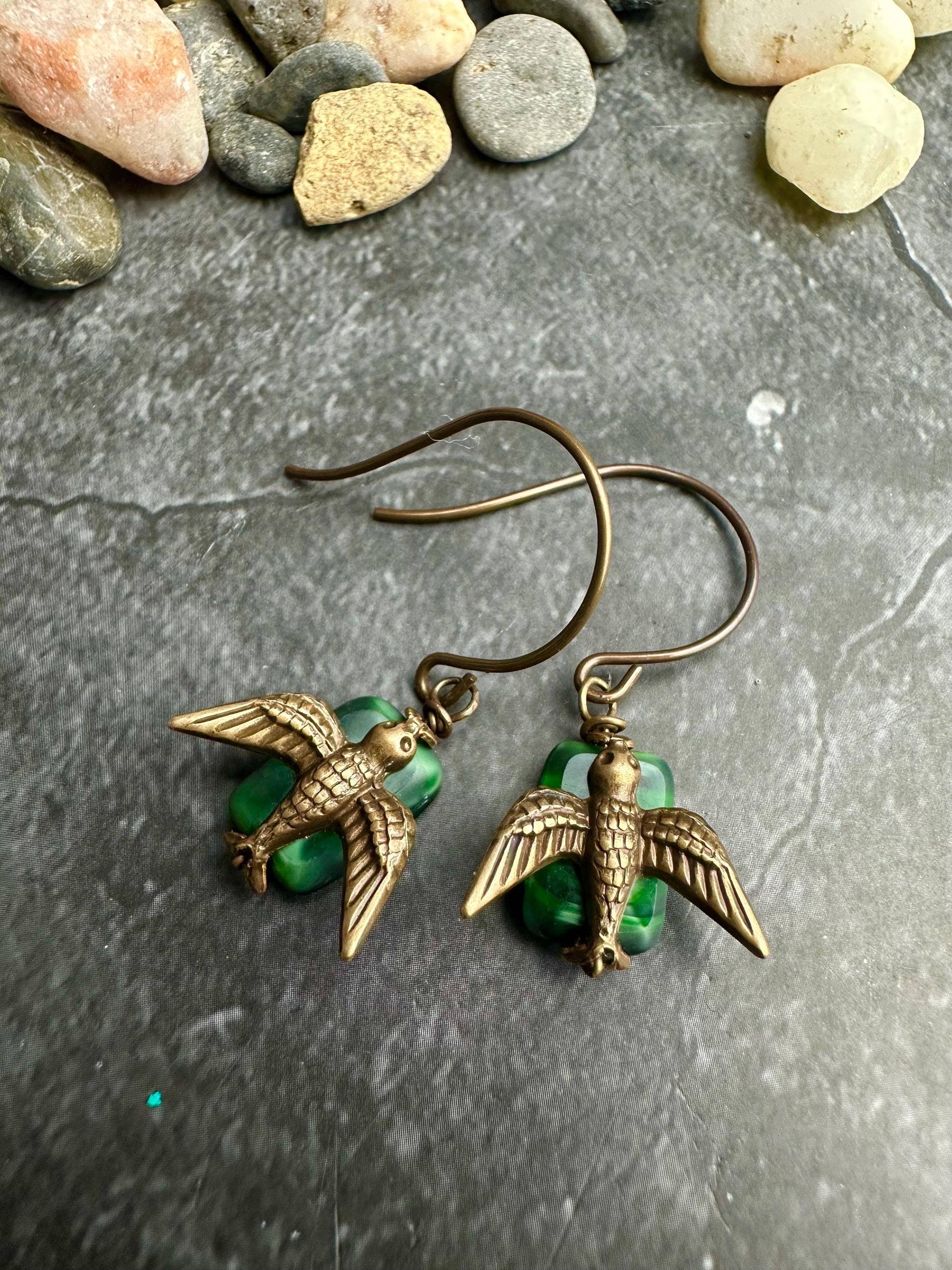 Brass Bird Encased Glass Rectangle Earrings