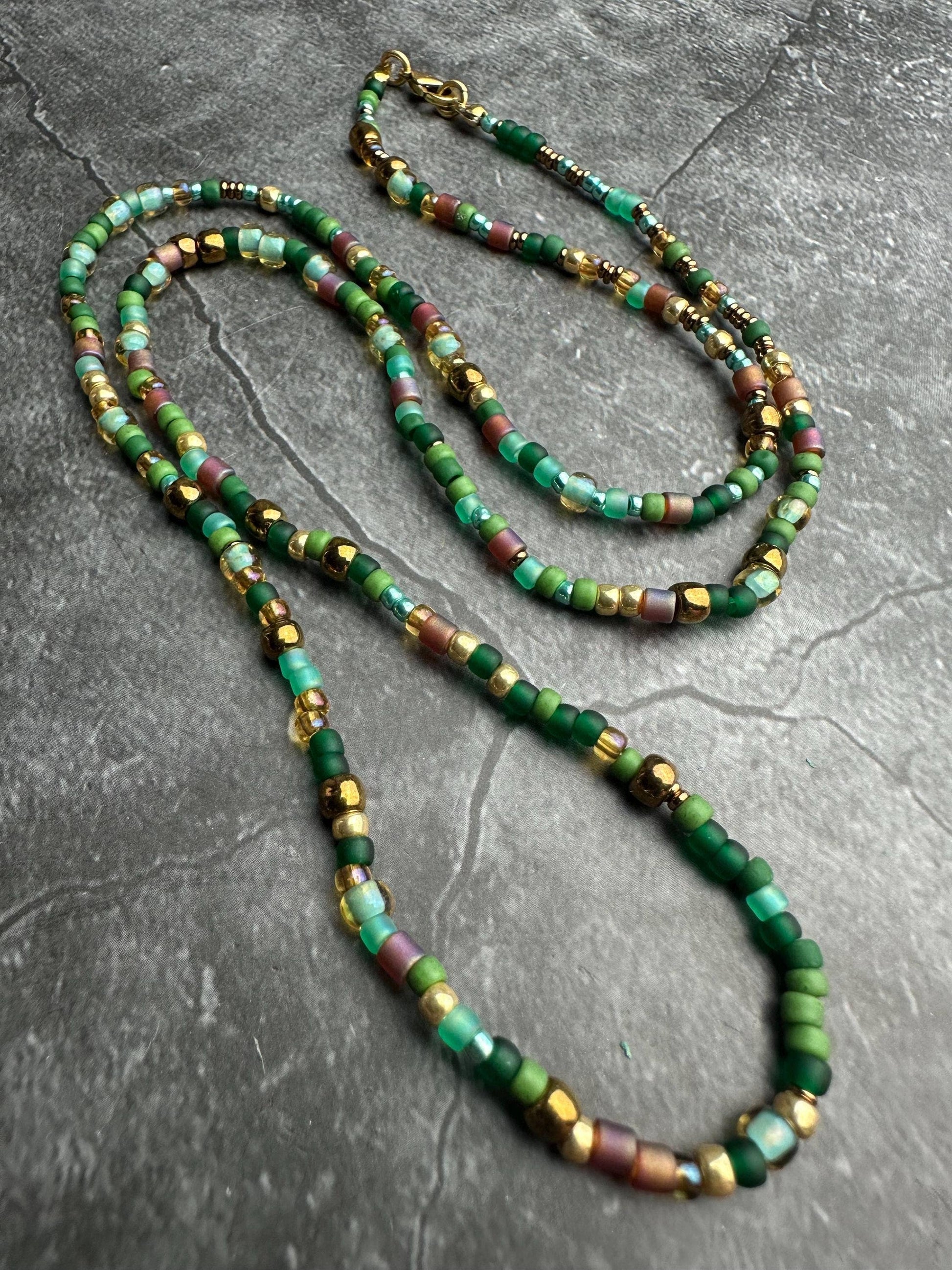 Seed Bead Necklace - Green Brown Layering Necklace