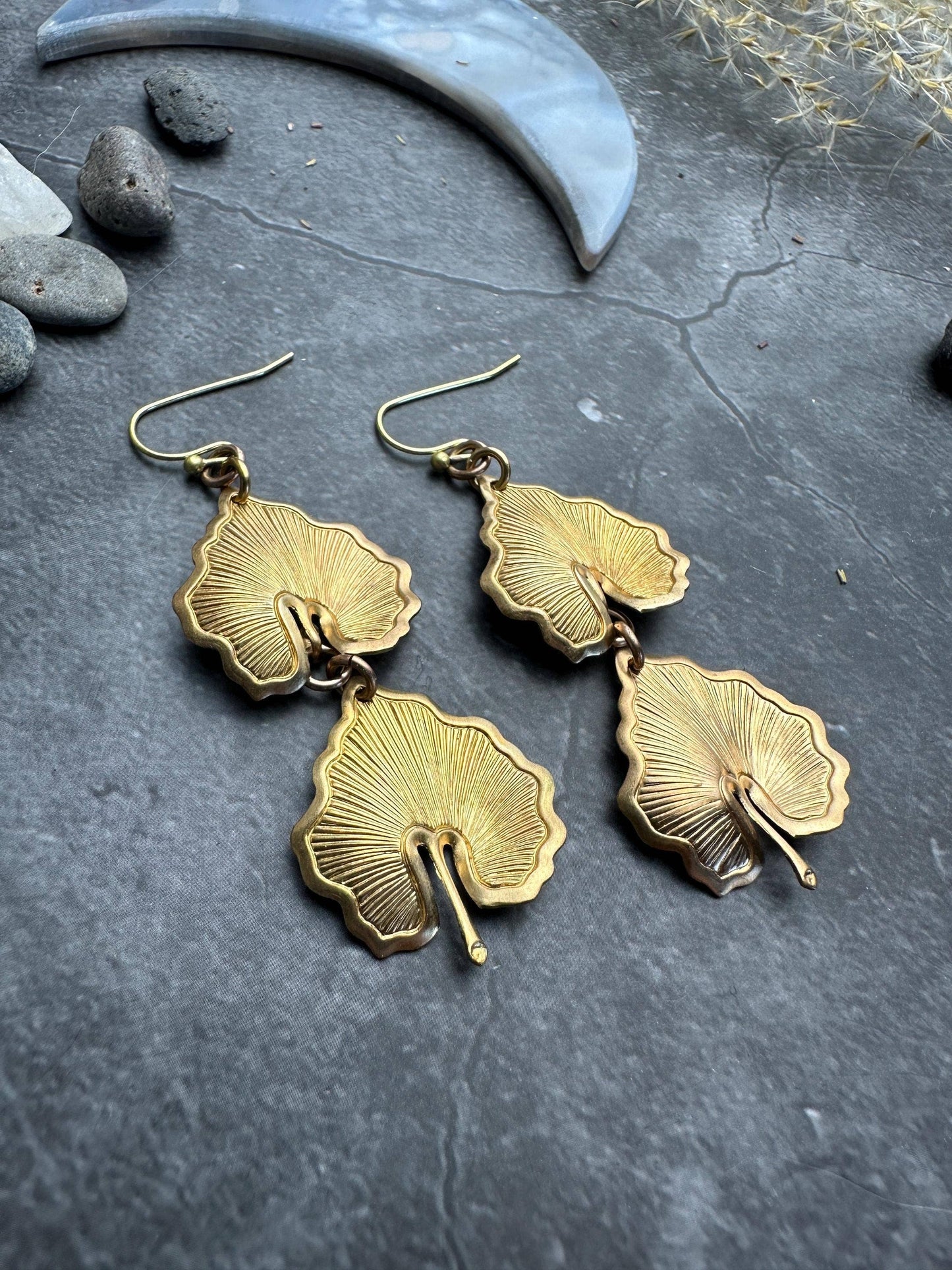 Botanical Leaf Earrings - Vintage Tooled Solid Brass