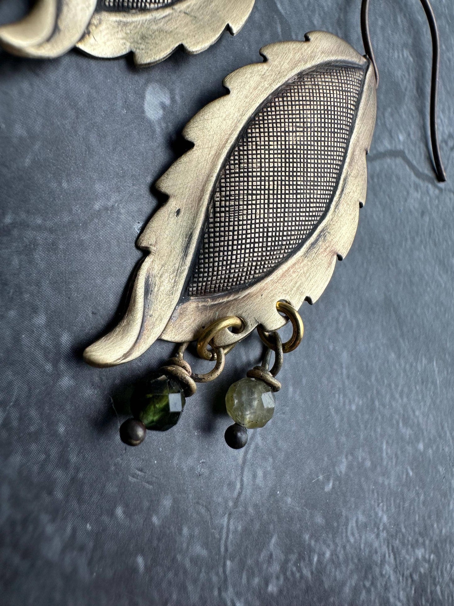 Leafy Green Pebble Earrings - Solid Brass Faceted Tourmaline