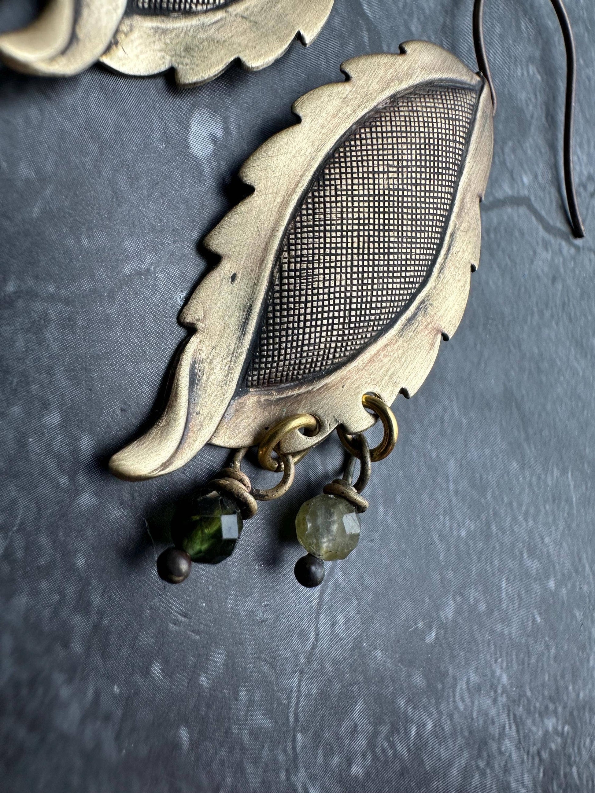 Leafy Green Pebble Earrings - Solid Brass Faceted Tourmaline