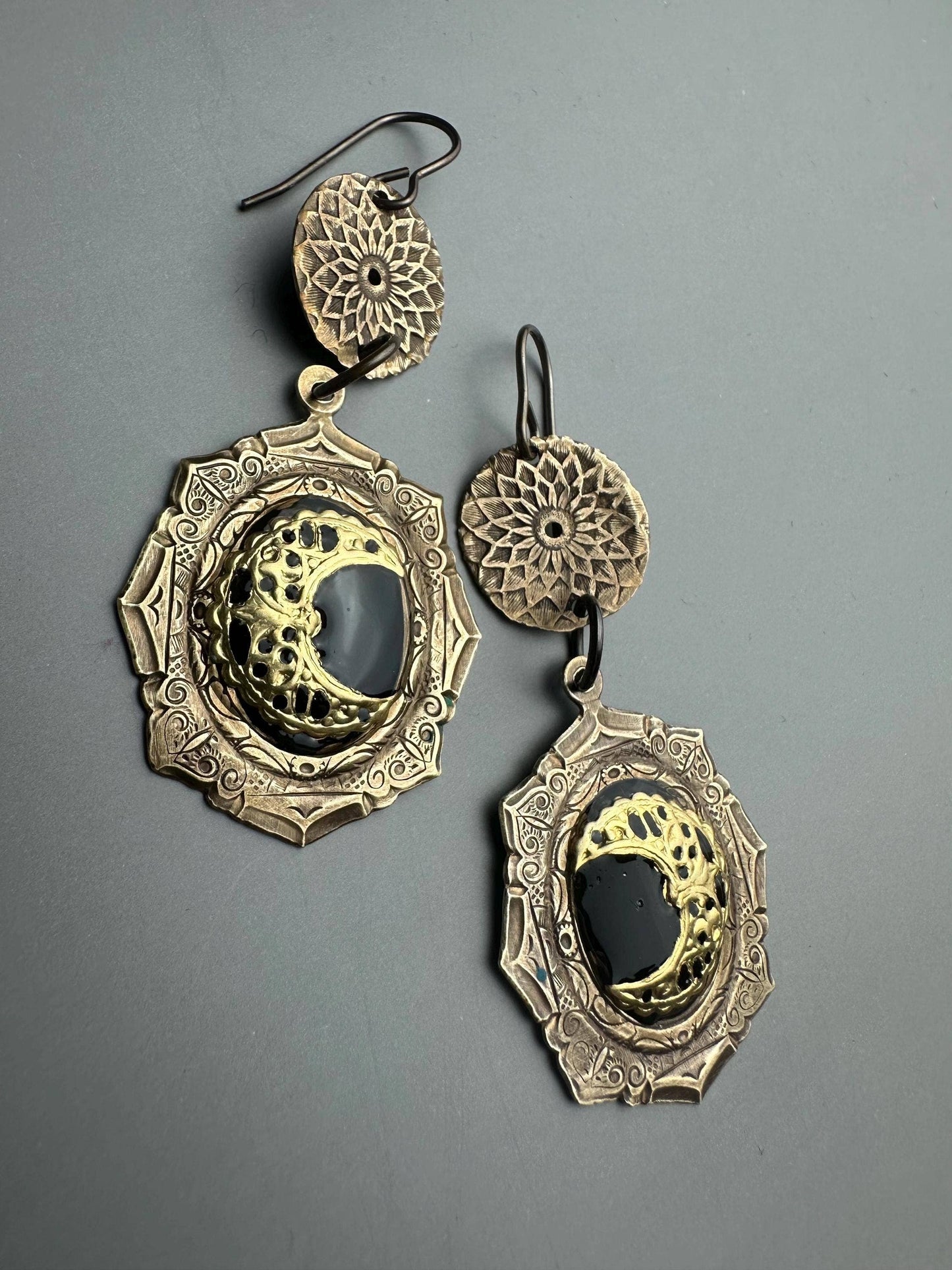 Ornate Crescent Moon Earrings with Black Resin