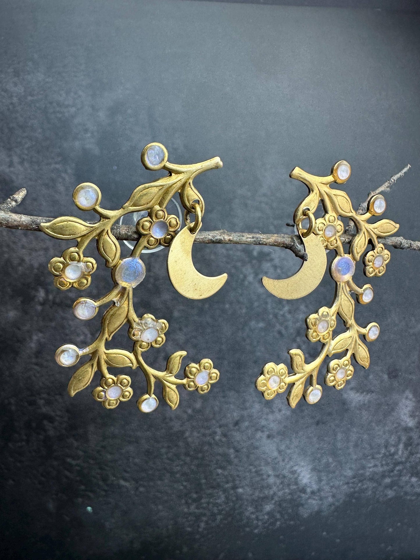 Botanical Branch Crescent Earrings, Iridescent Resin Detail