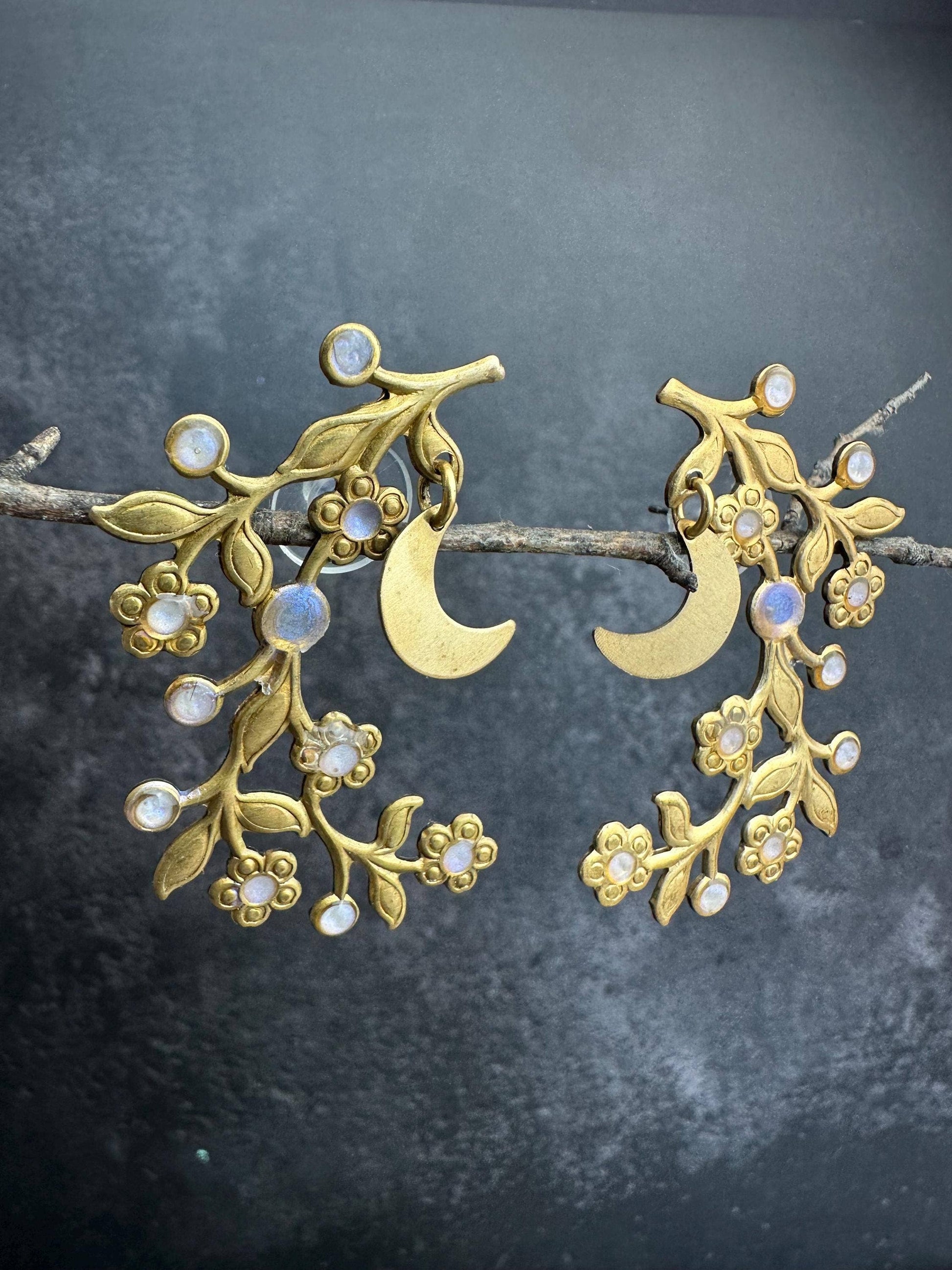 Botanical Branch Crescent Earrings, Iridescent Resin Detail
