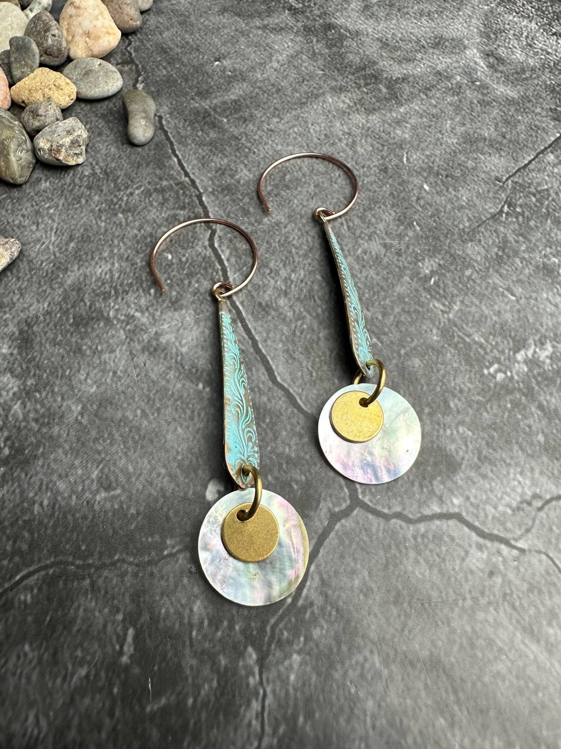 Etched Dangle Swirls Earrings - Solid Brass Mother of Pearl