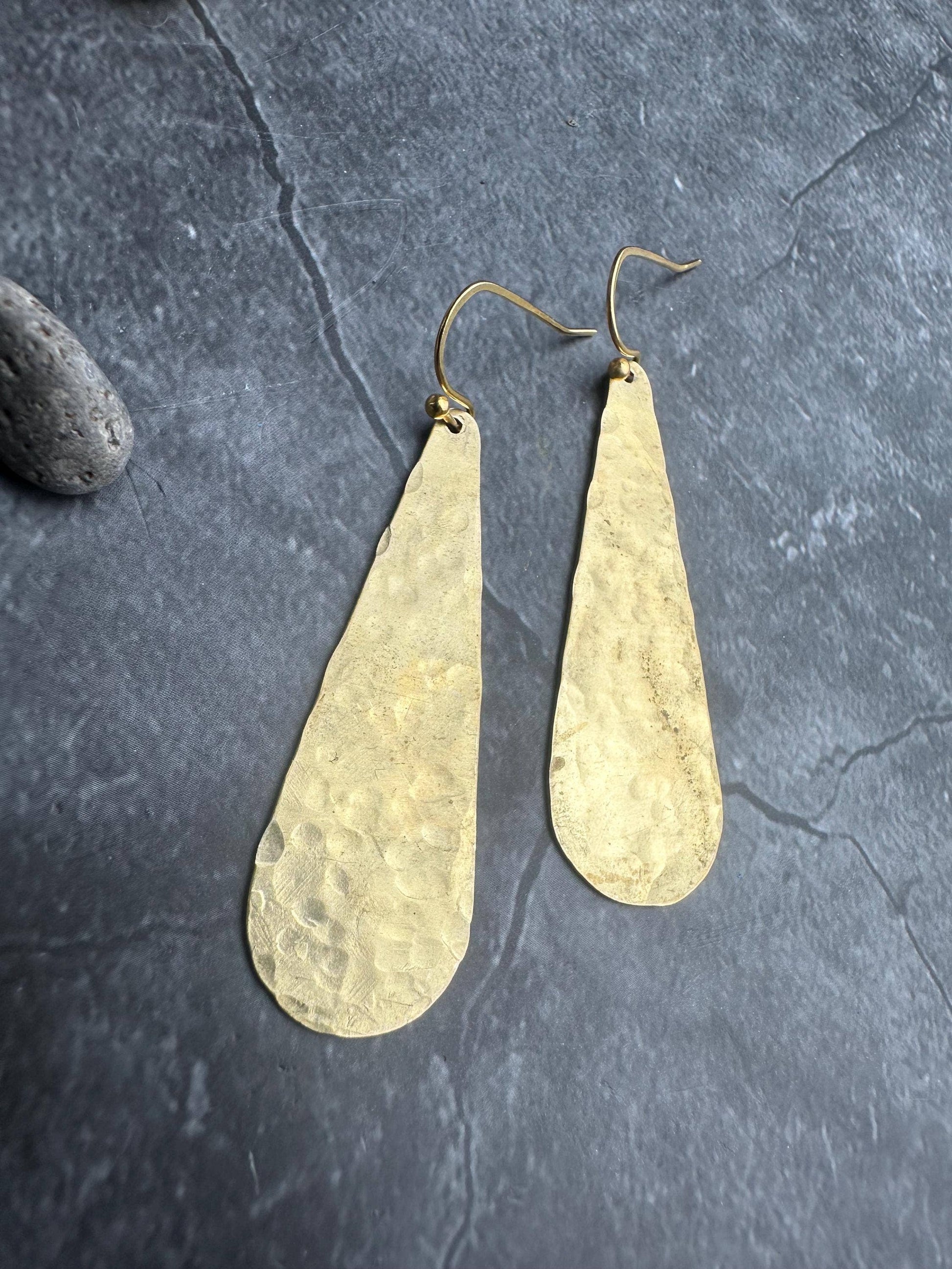Long Hammered Brass Teardrop Earrings