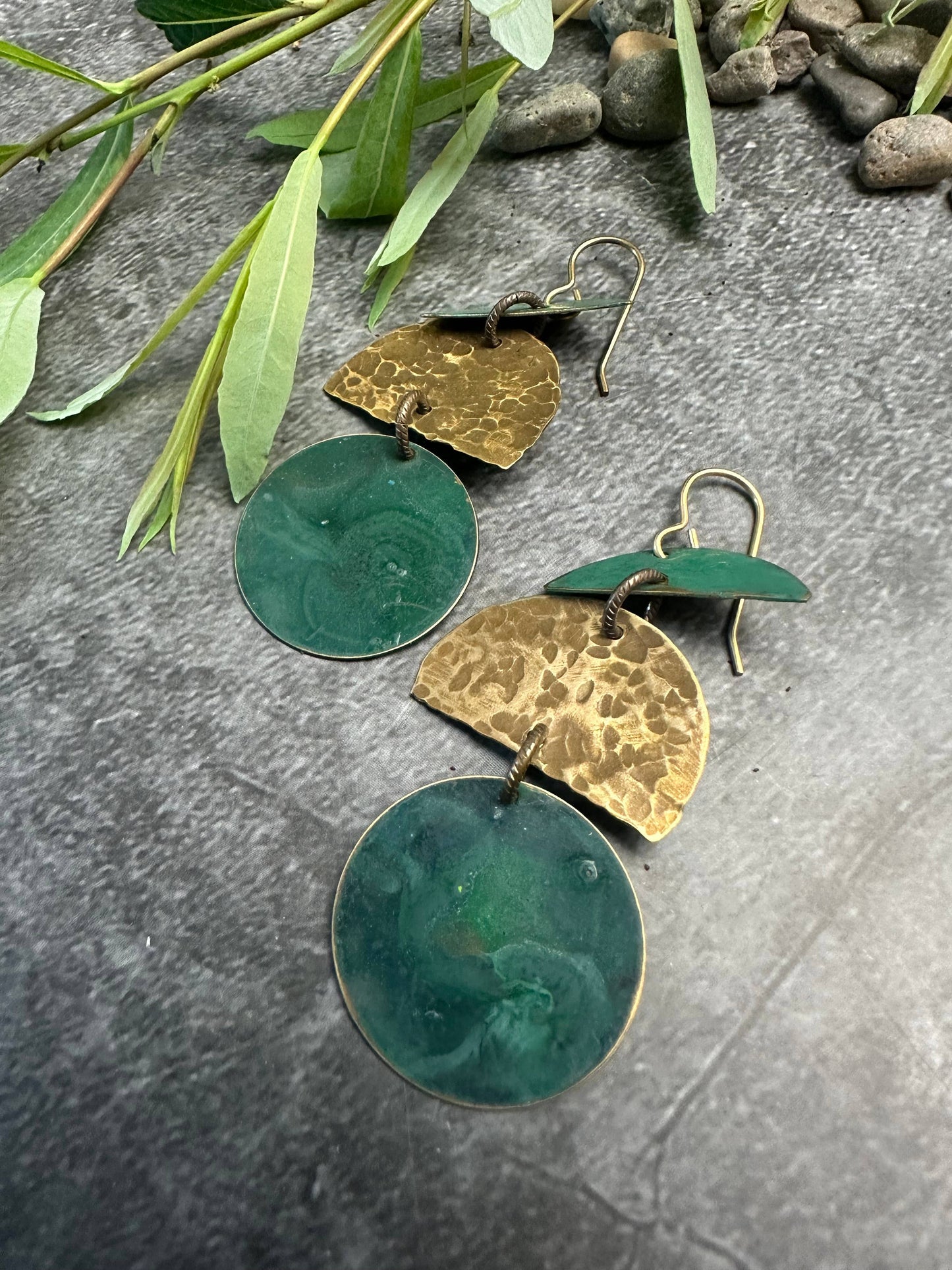 Geometric Shape Earrings- Handmade Solid Beaten Patina Brass
