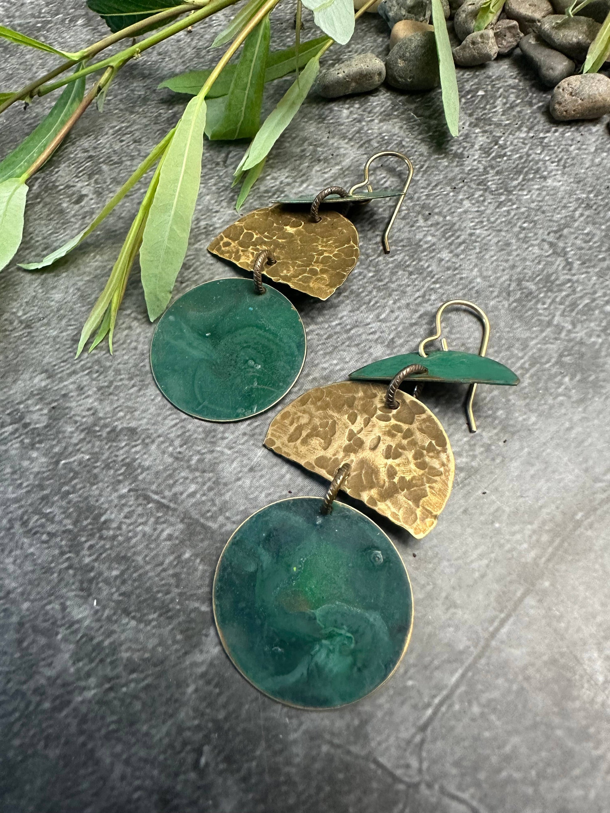 Geometric Shape Earrings- Handmade Solid Beaten Patina Brass