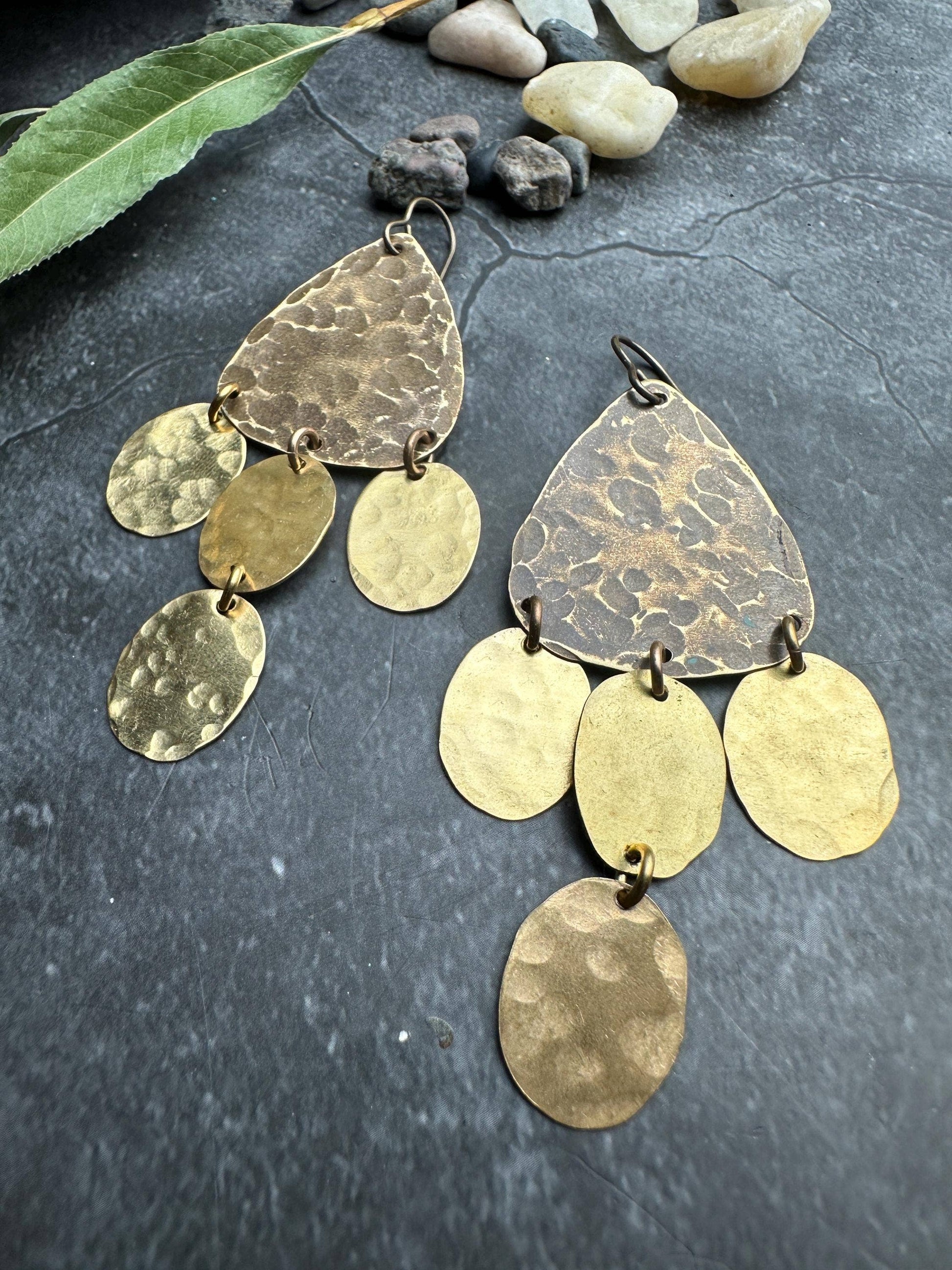 Geometric chandelier - Handmade Solid Beaten Brass Earrings
