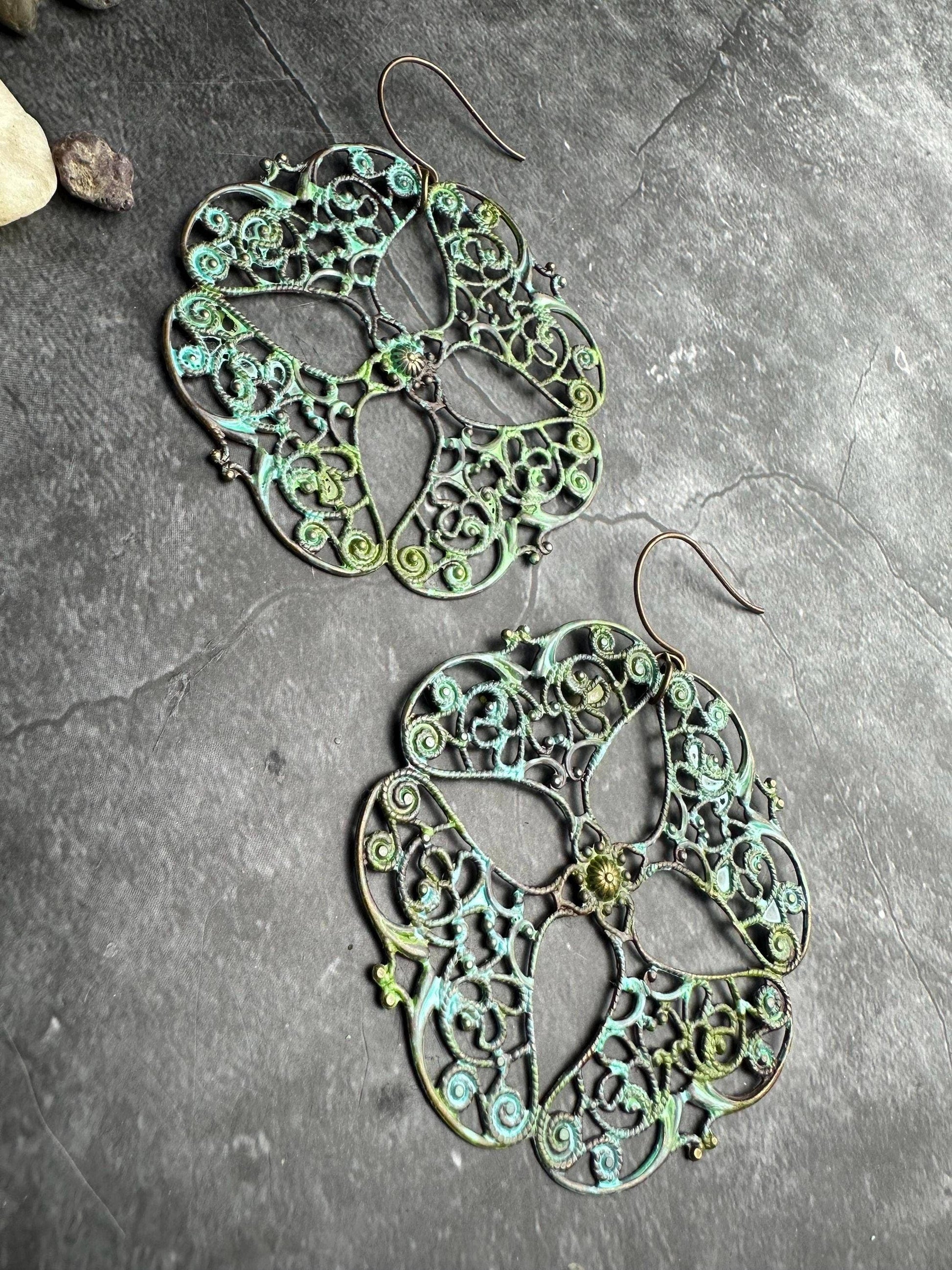 Oversized Filigree Statement Earrings - Patina Brass