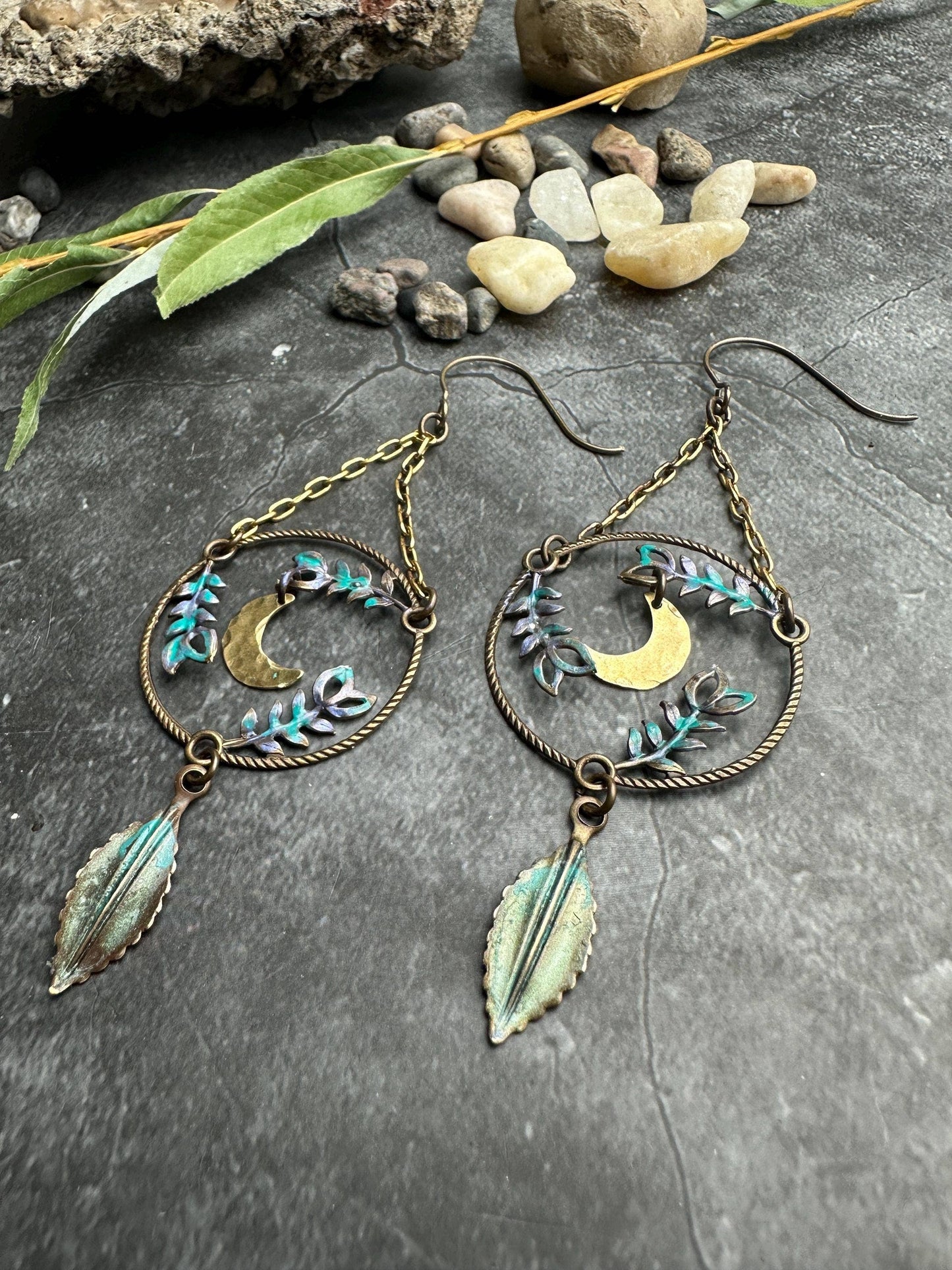 Fern Forest Moon Earrings - Iridescent Patina Brass