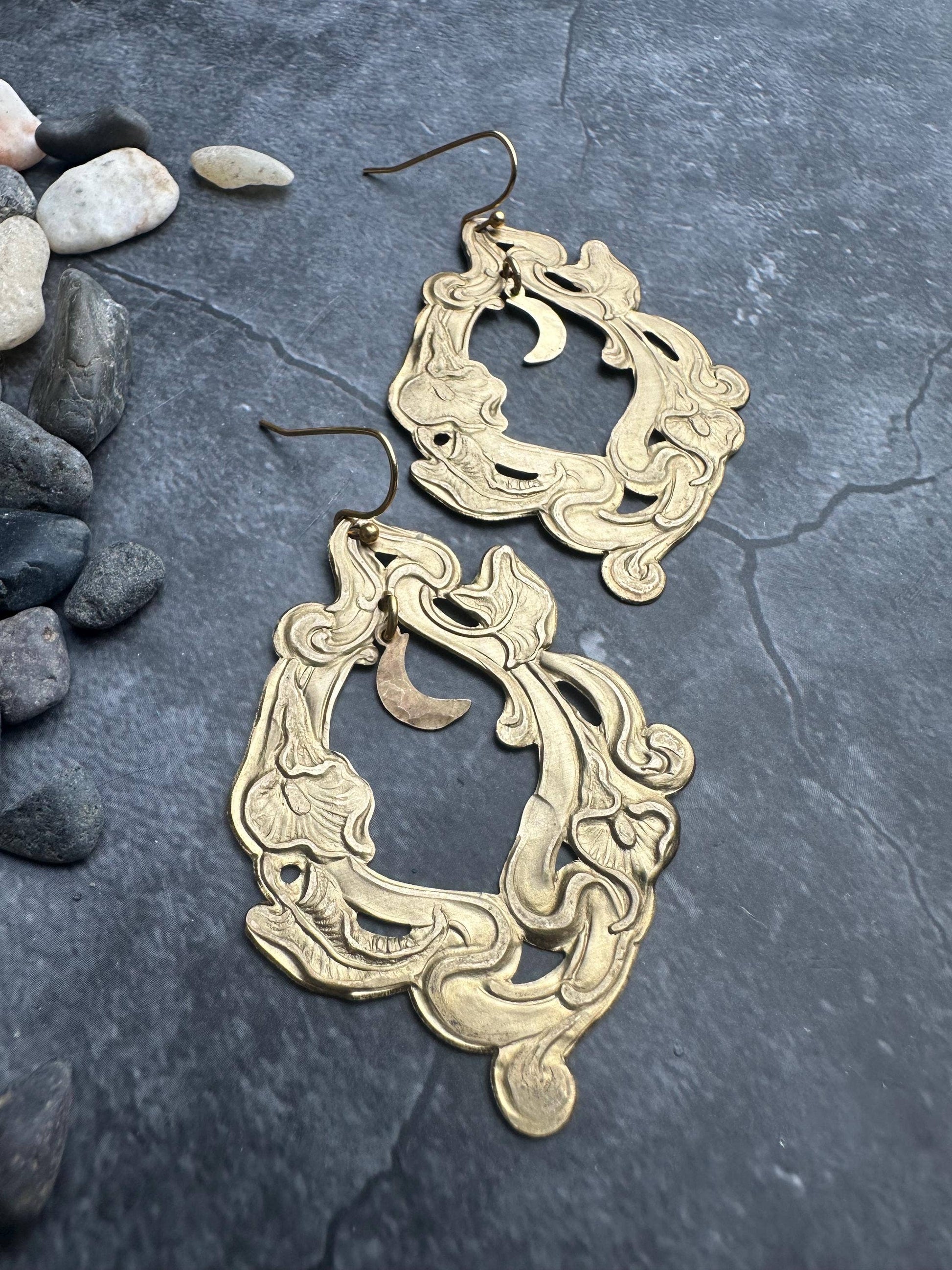Moon Garden Earrings- Handmade Beaten Solid Brass