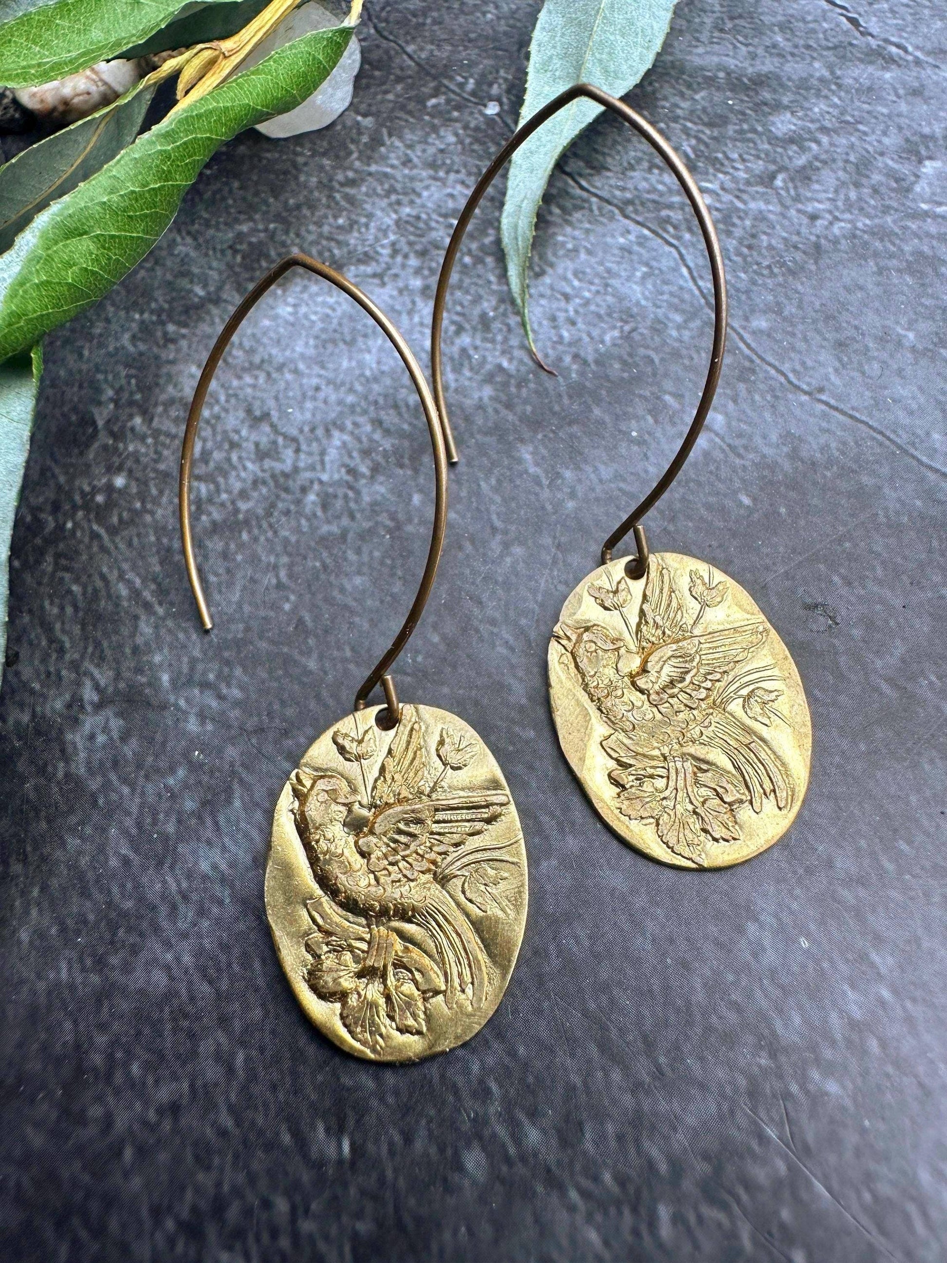 Brass Bird of Paradise Earrings  - Bohemian Art Deco Jewelry