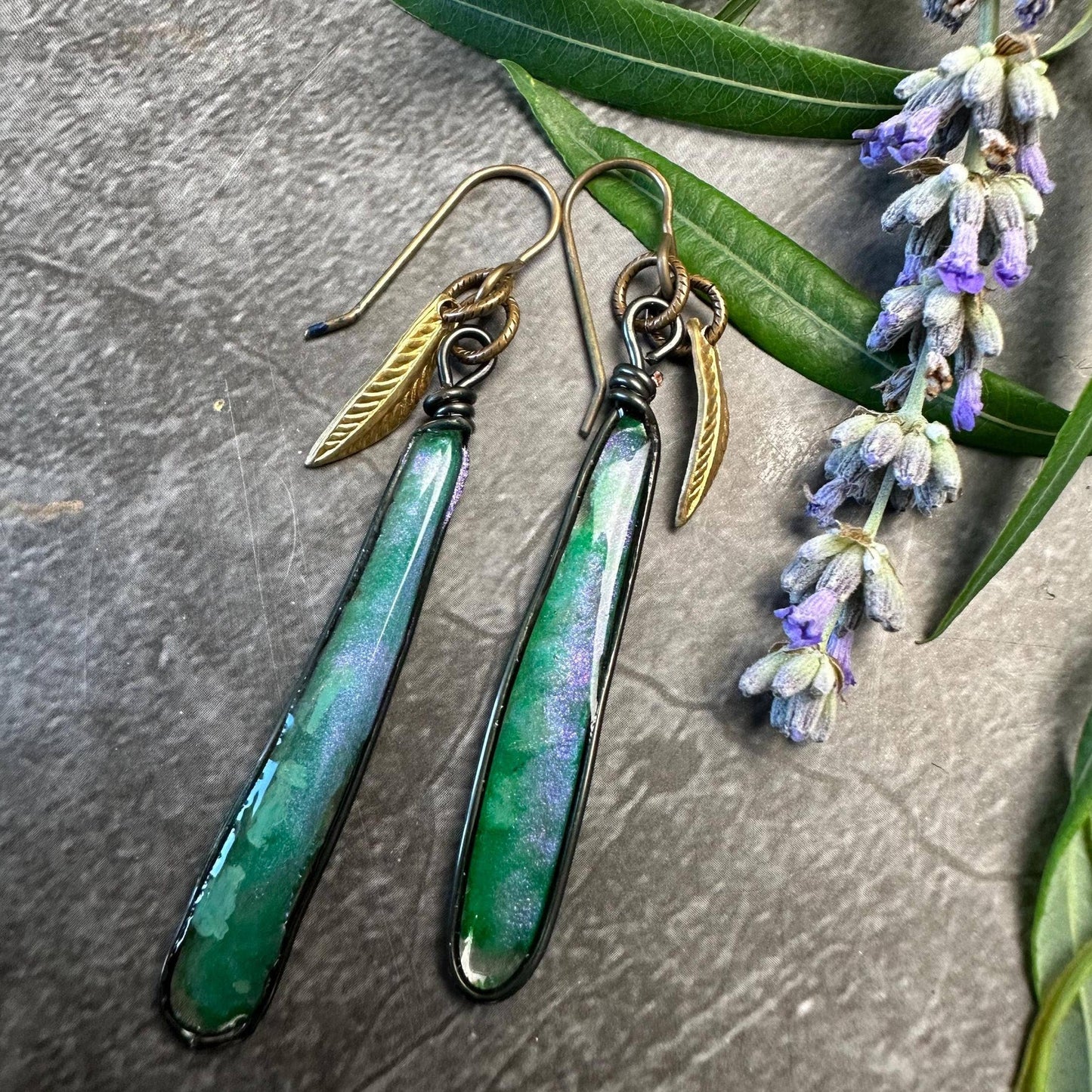Iridescent Dragonfly Pool Earrings - Resin & Brass Leaves