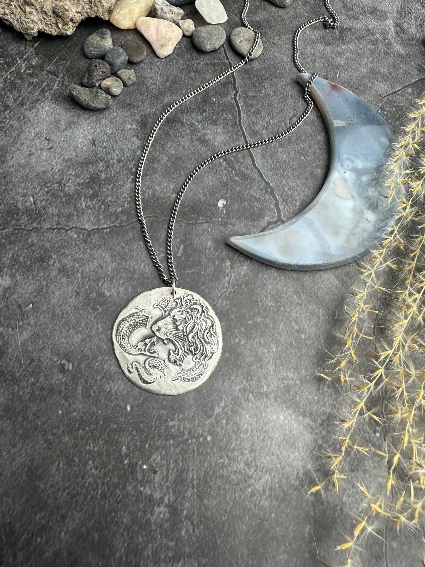 Lion & Snake Amulet Coin Medallion Necklace