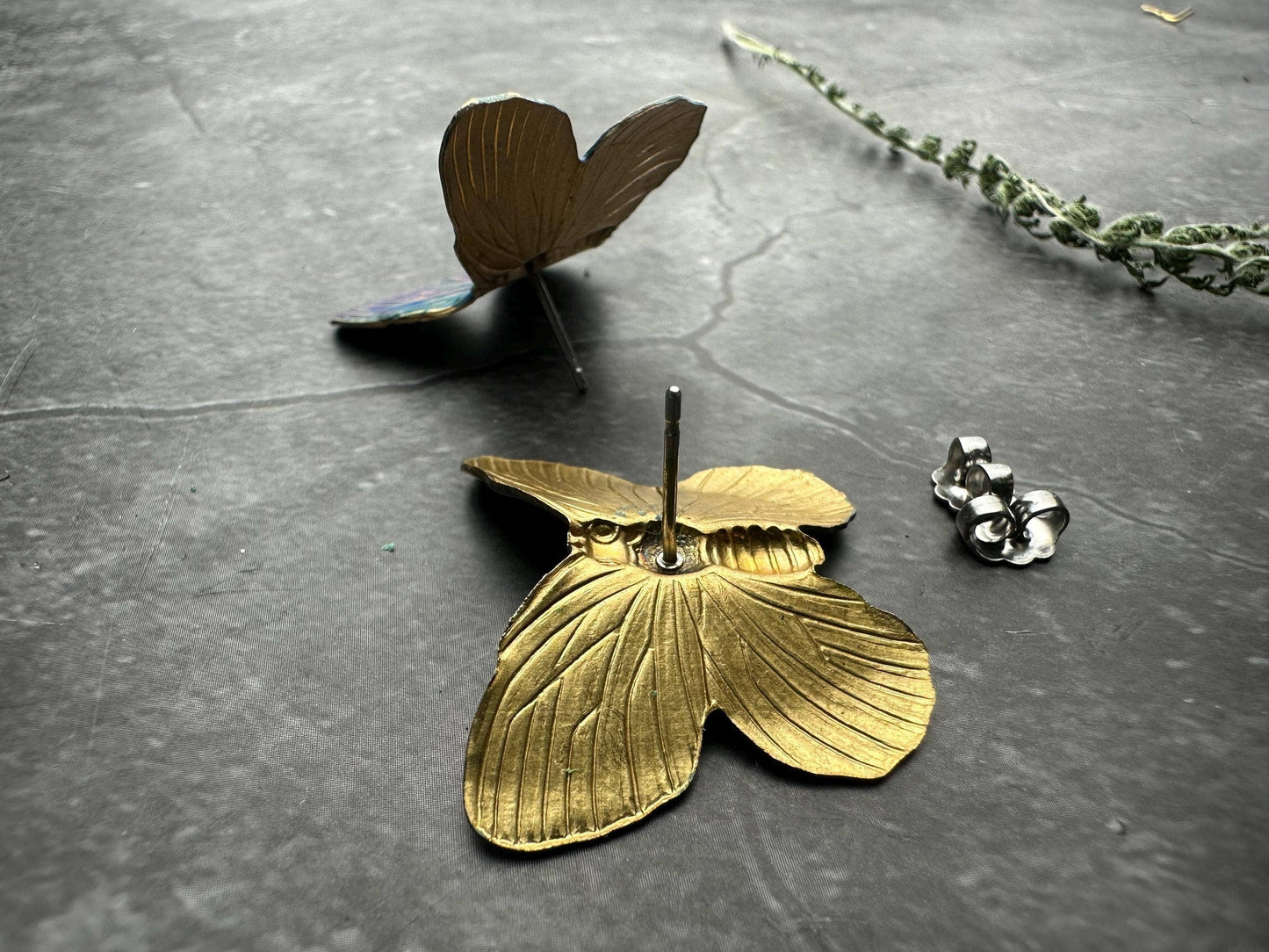 Iridescent Brass Large Butterfly Post Earrings, Color Shift