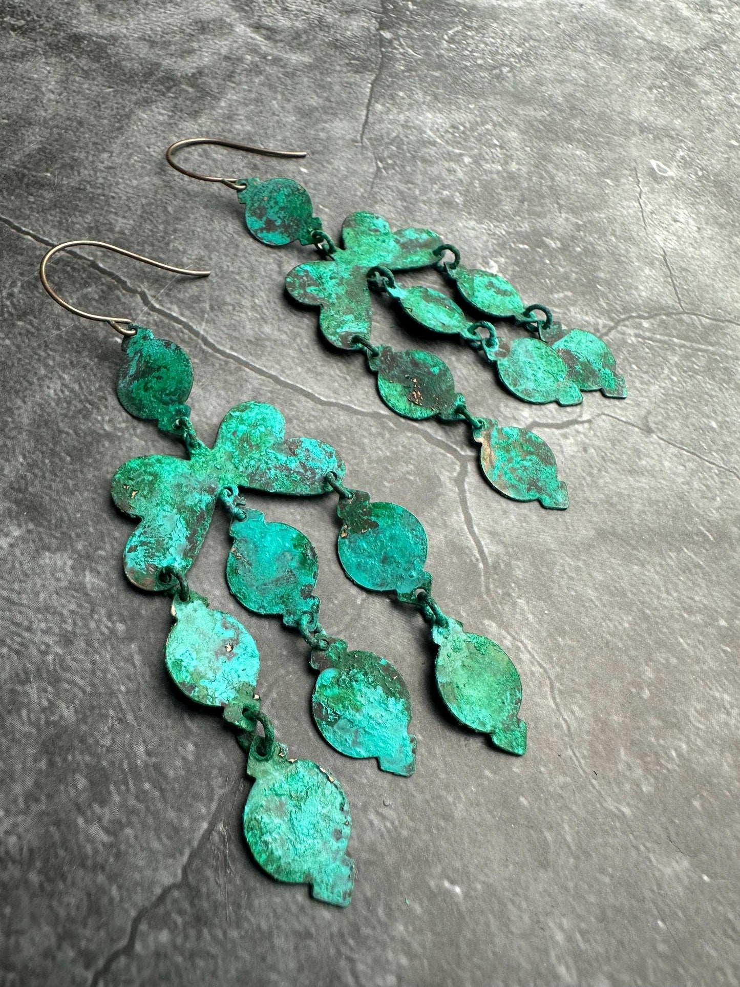 Rustic Silhouette Chandelier Earrings - Brass Green Patina