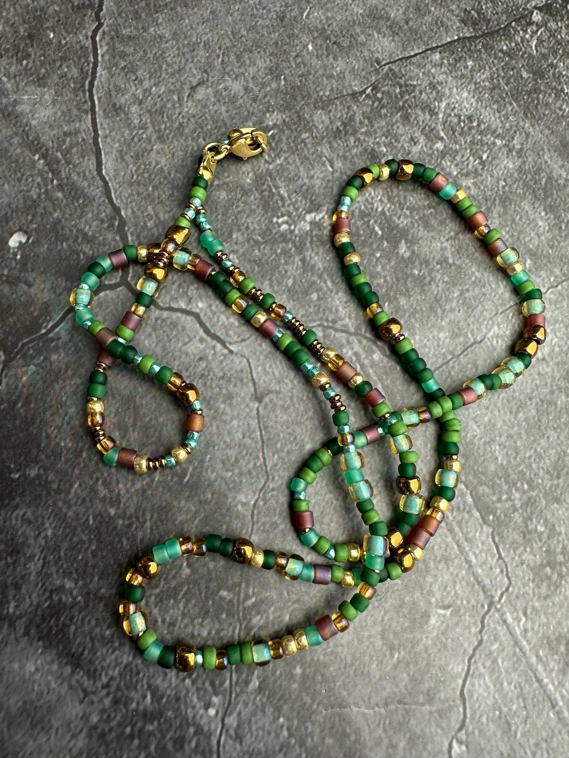 Seed Bead Necklace - Green Brown Layering Necklace