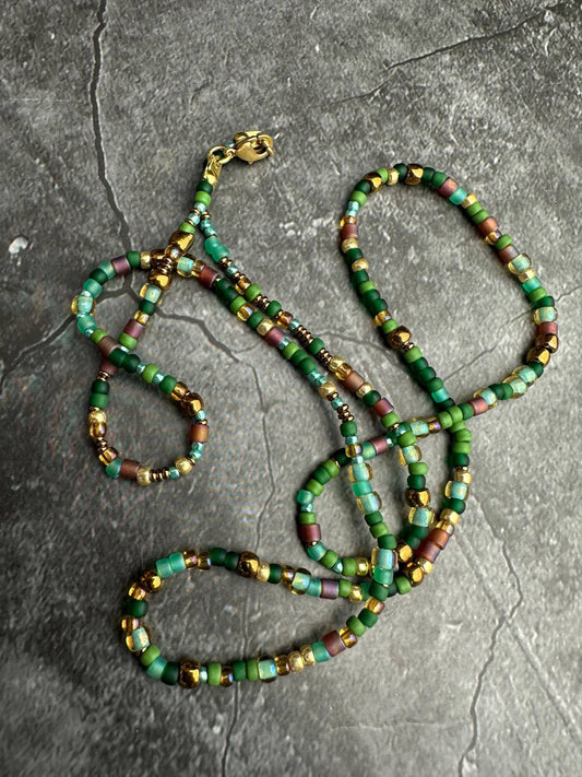 Seed Bead Necklace - Green Brown Layering Necklace