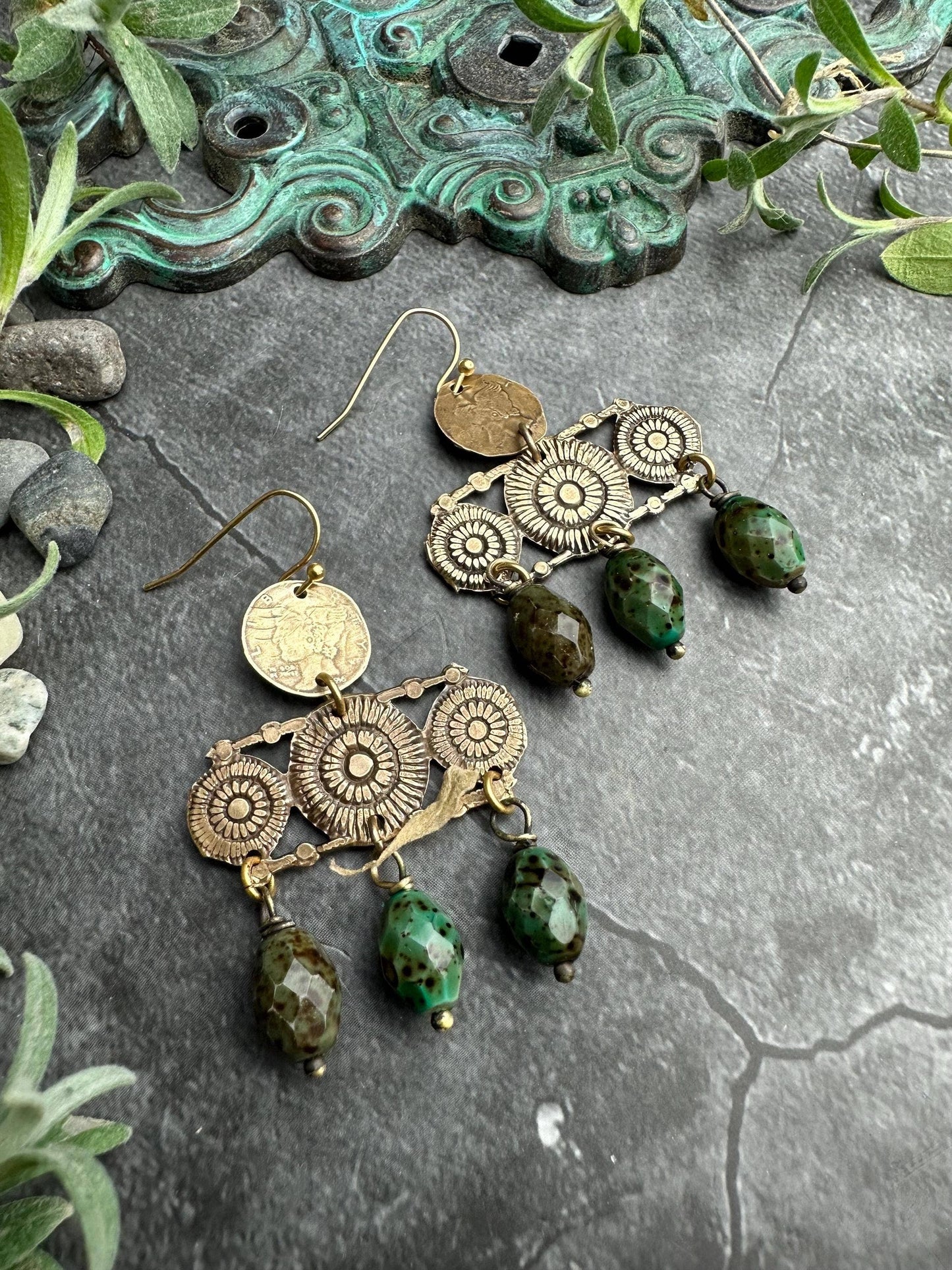Sunburst Chandelier Earrings with Green Jasper Art Glass