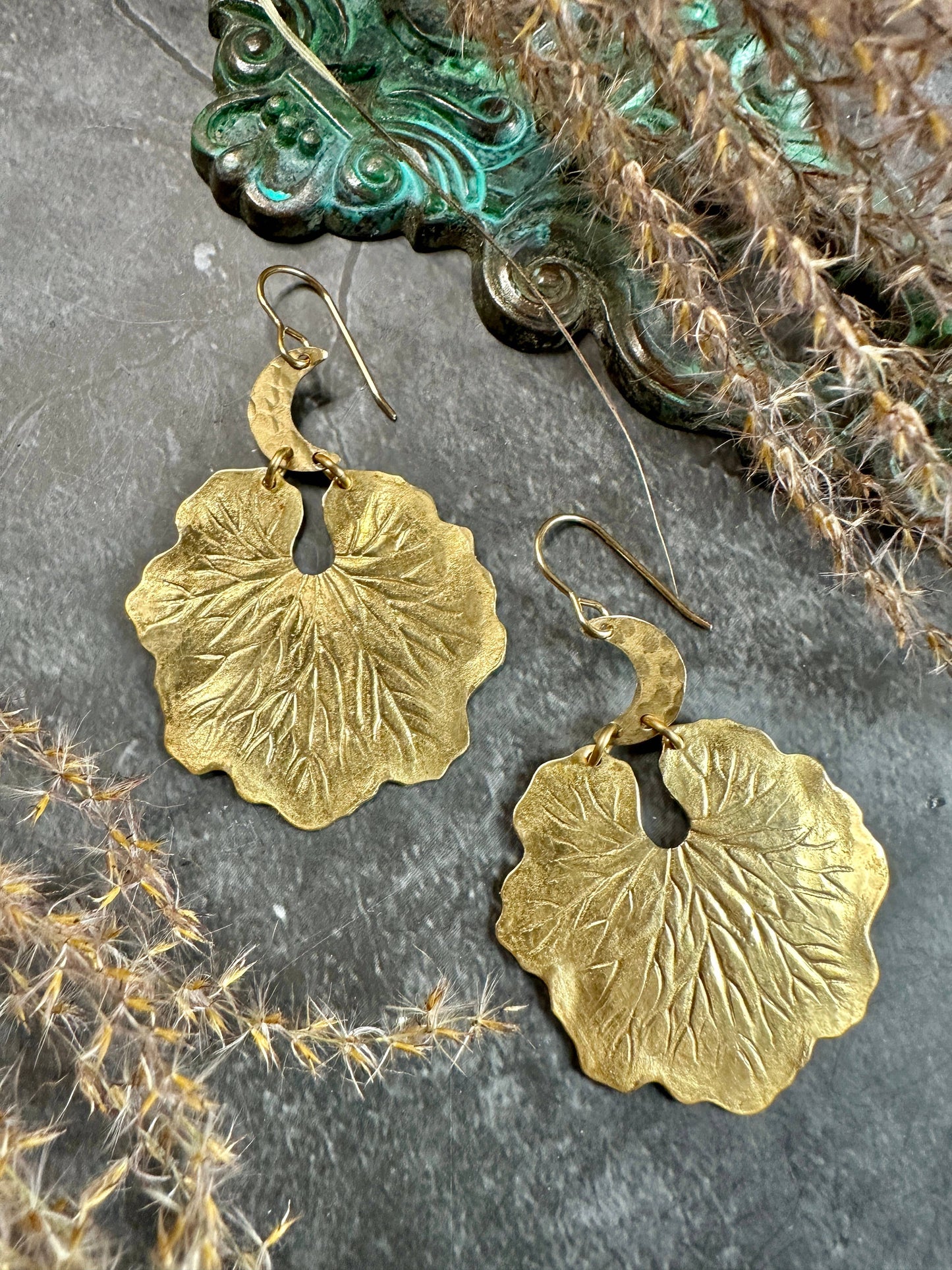 Lily Moon Earrings- Handmade Beaten Brass