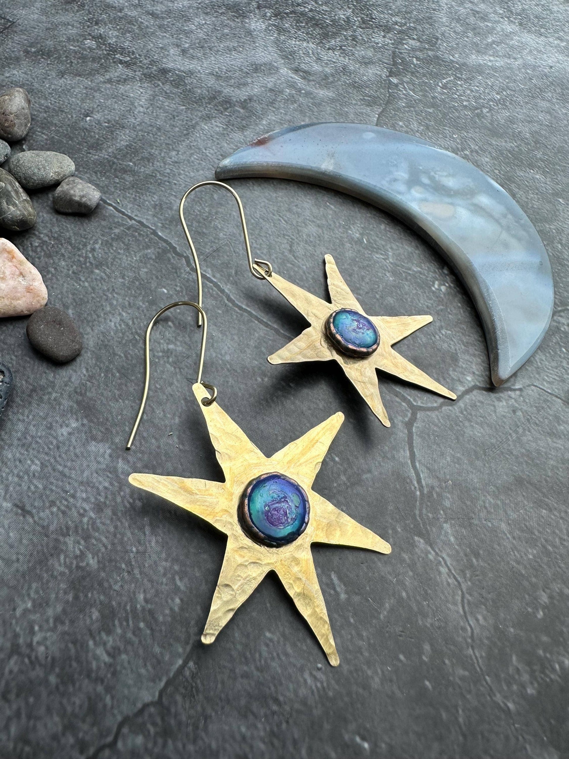 Celestial Star Earrings, Hammered Brass Dangle, Modern Cosmi