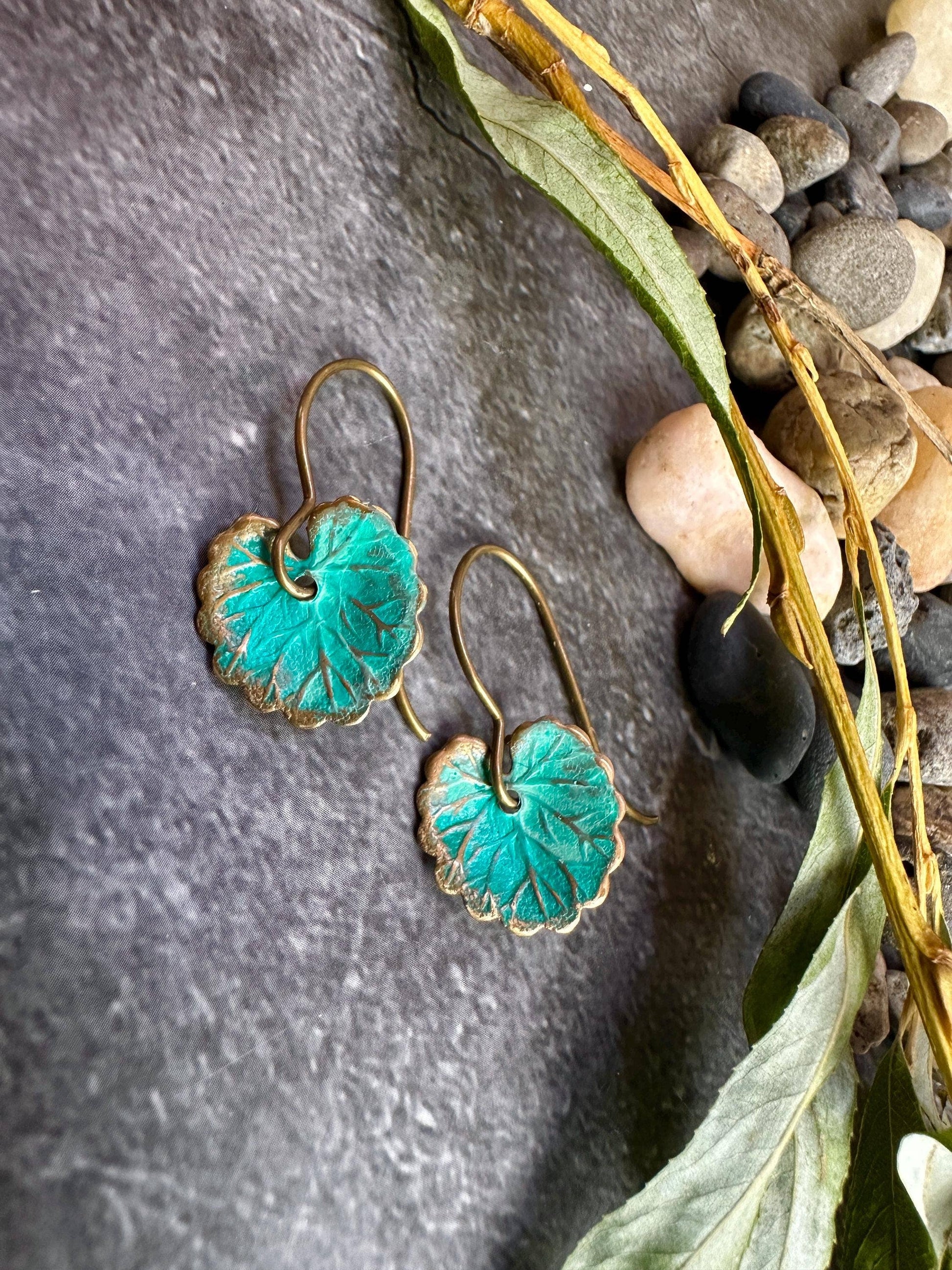 Lily Pad Leaf Earrings - Brass with Tiffany Green Patina