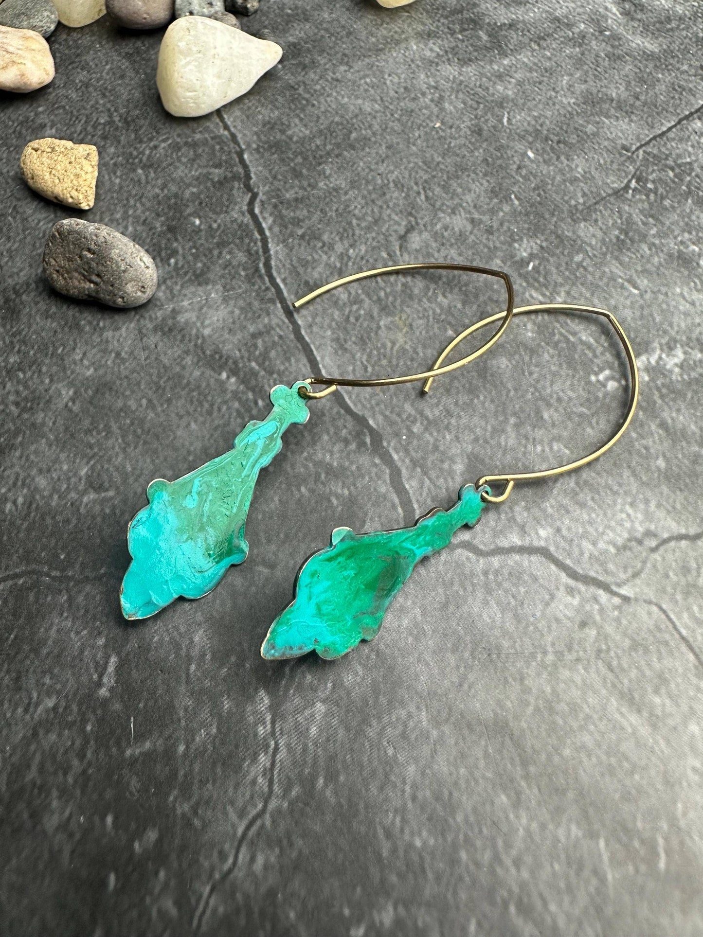 Rustic Silhouette Drop Earrings - Beaten Brass Green Patina