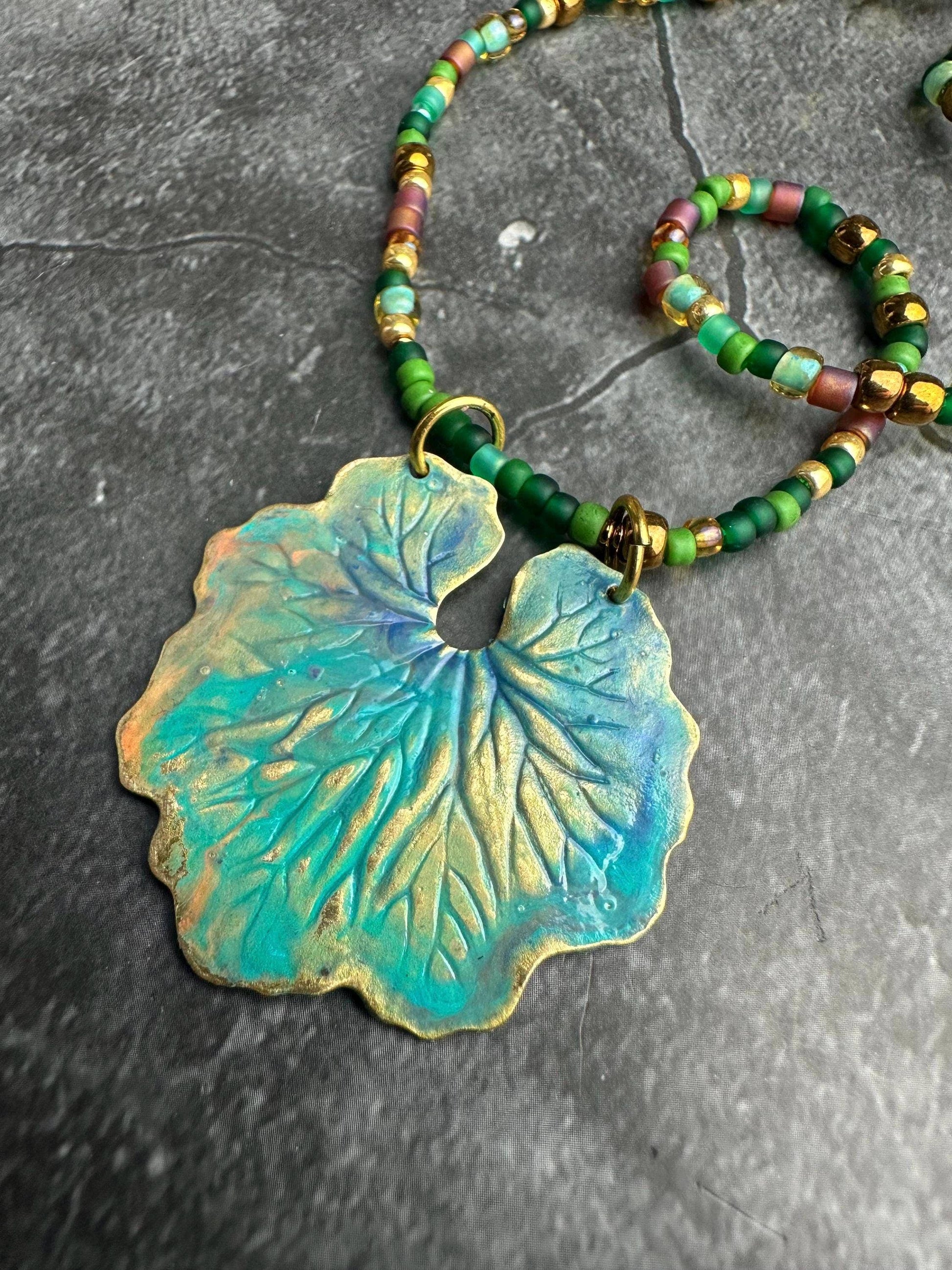 Handcrafted Waterlily Leaf Beaded Necklace