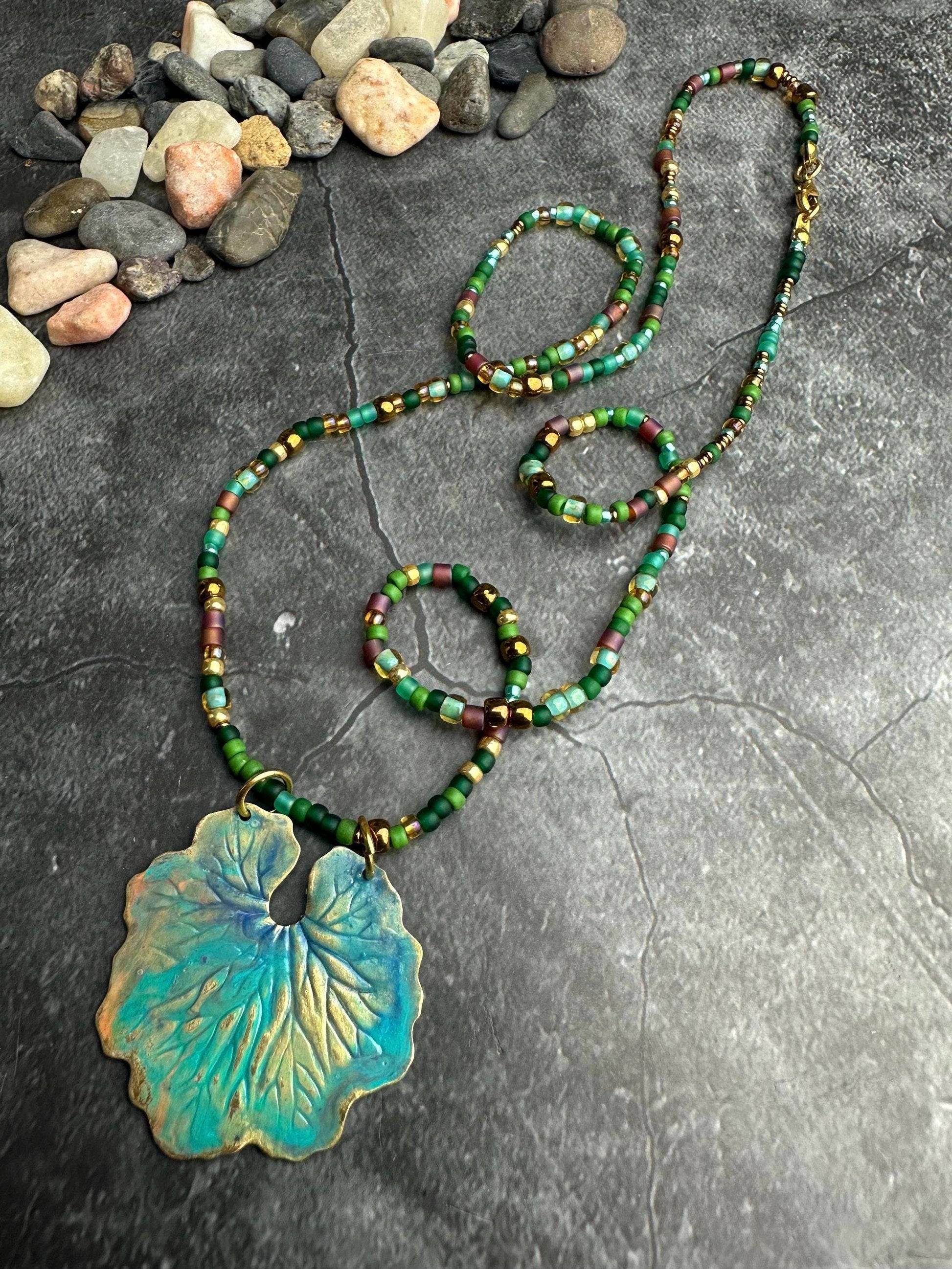 Handcrafted Waterlily Leaf Beaded Necklace