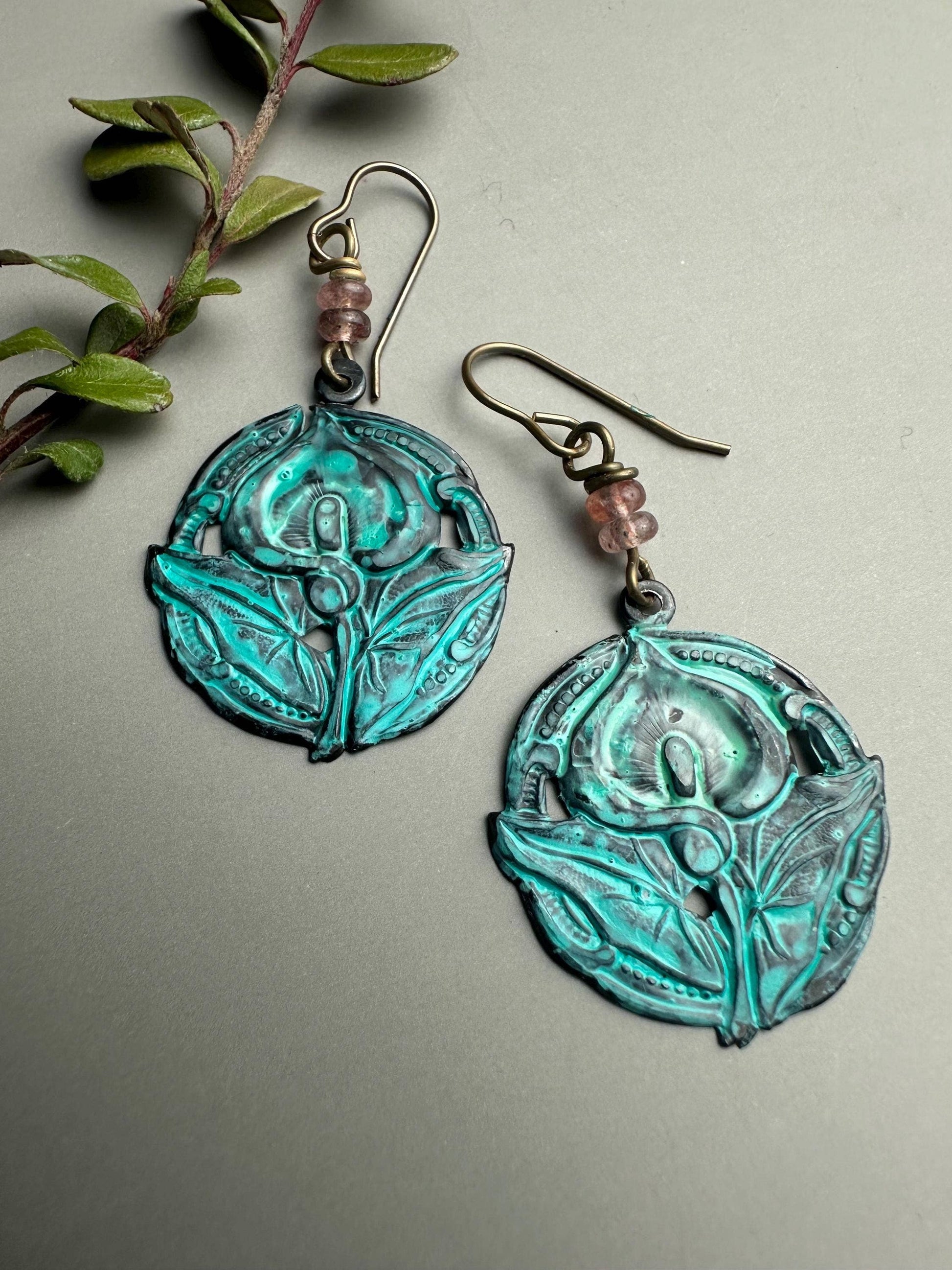 Verdigris Lily Earrings with Rose Quartz