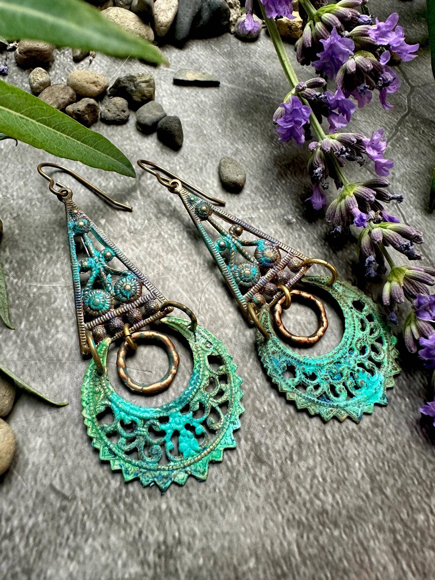 Verdigris Filigree Moon Earrings