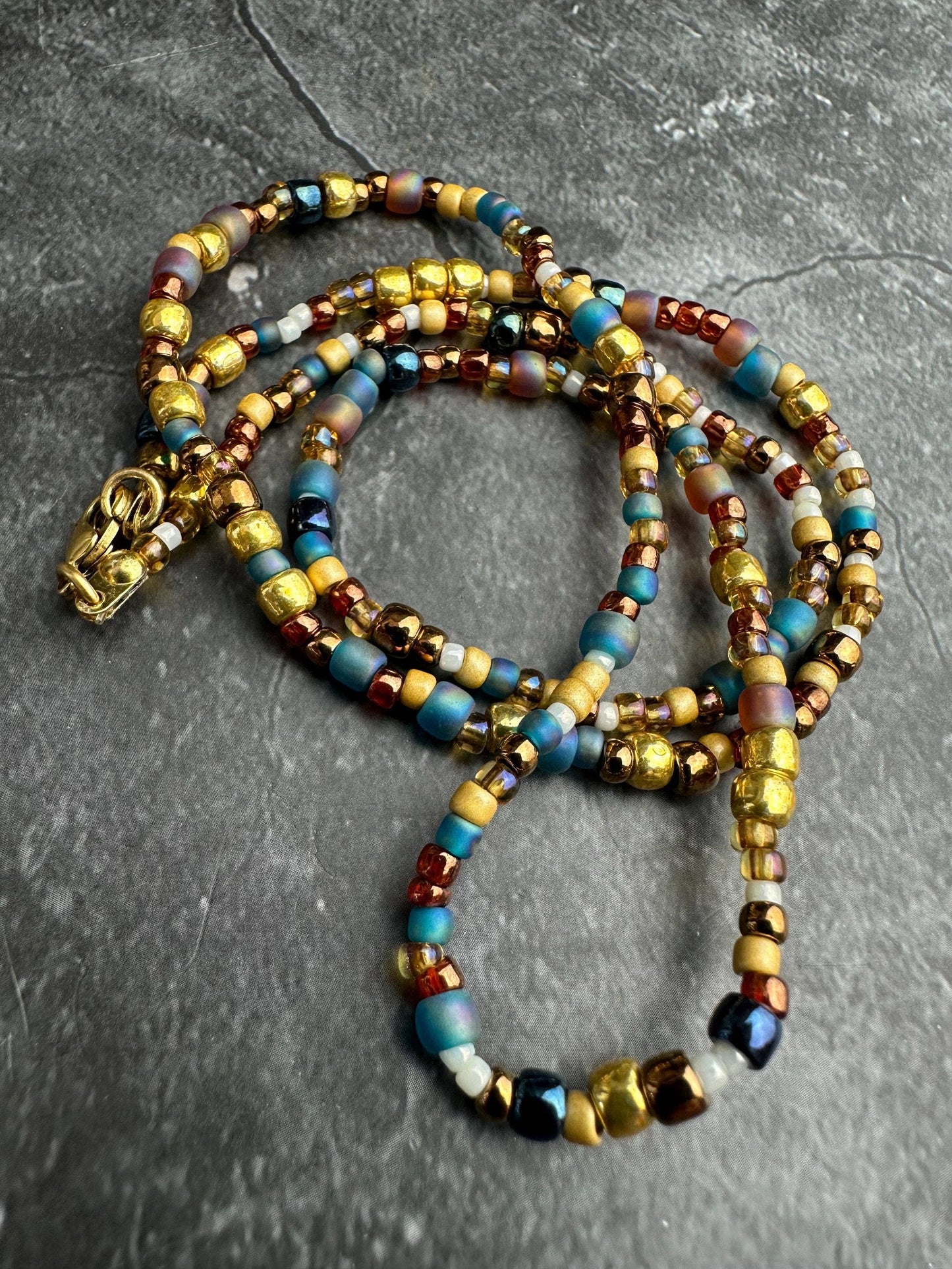 Seed Bead Necklace - Gold Blue Layering Necklace