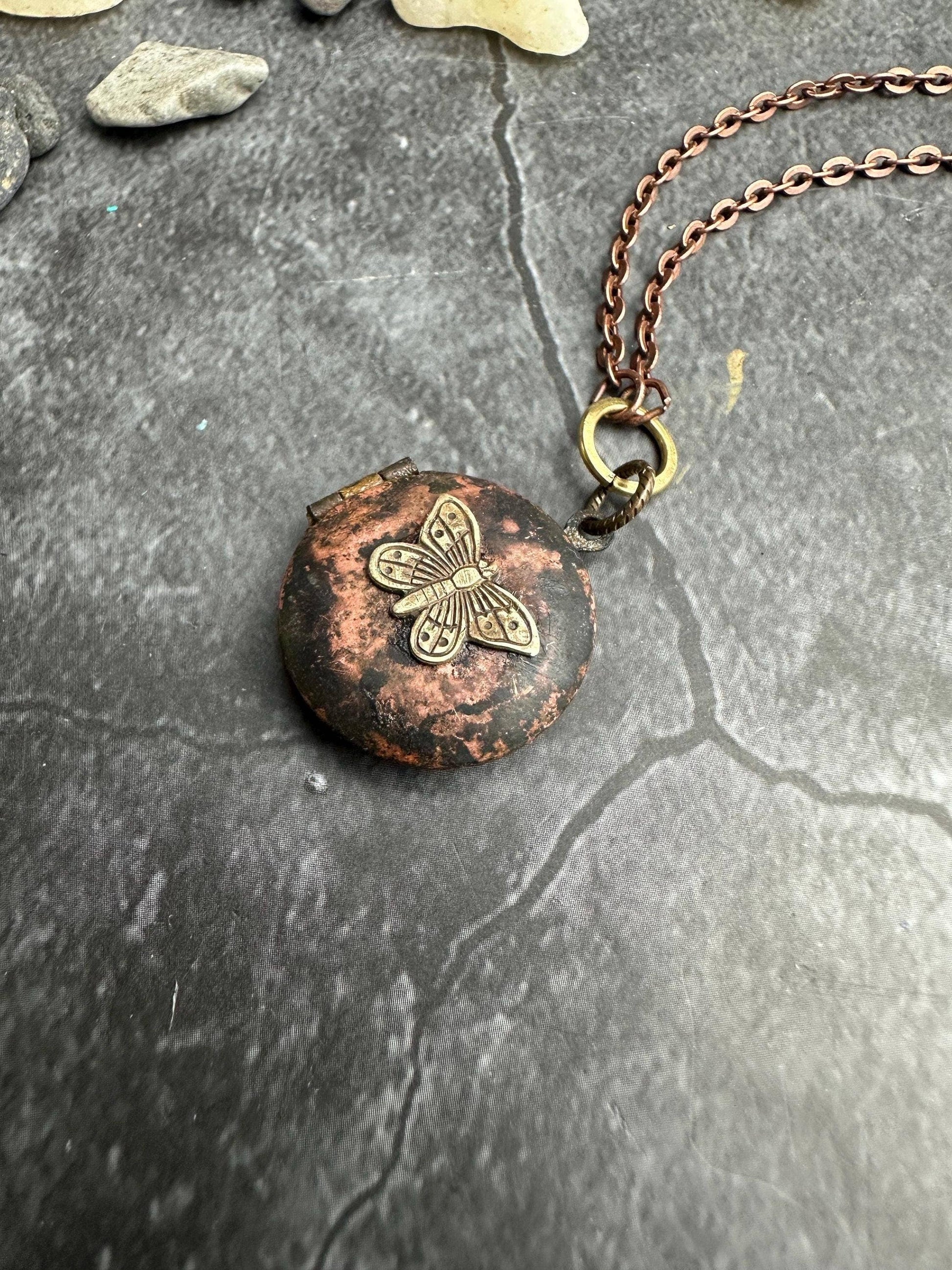Vintage Brass Oxodized Butterfly Locket Necklace