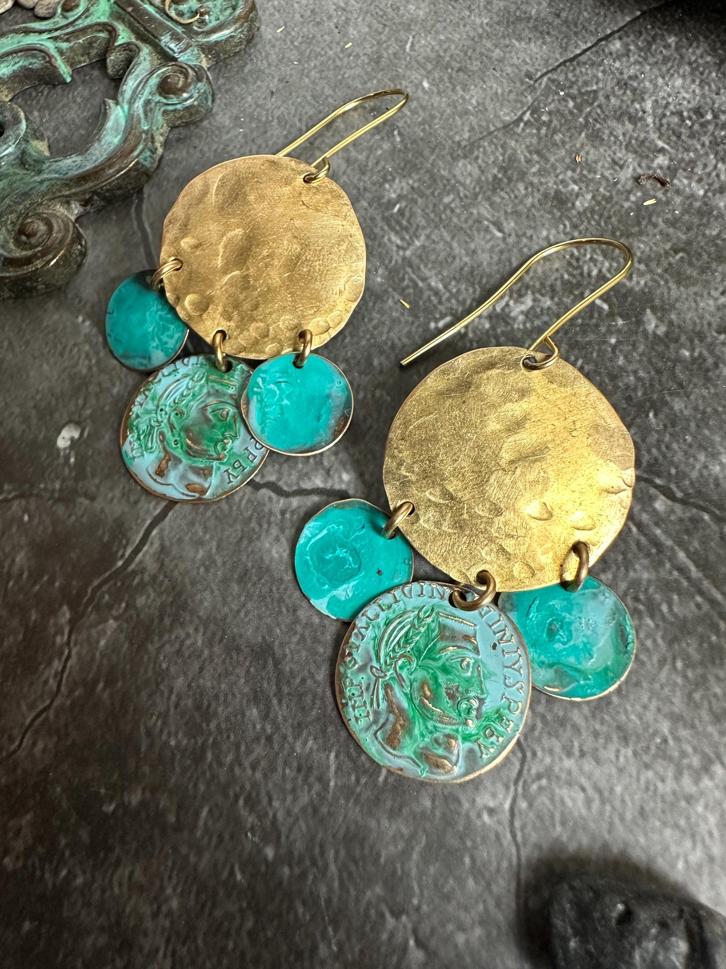 Hammered Coin Earrings- Handmade Solid Beaten Brass Green Blue Patina