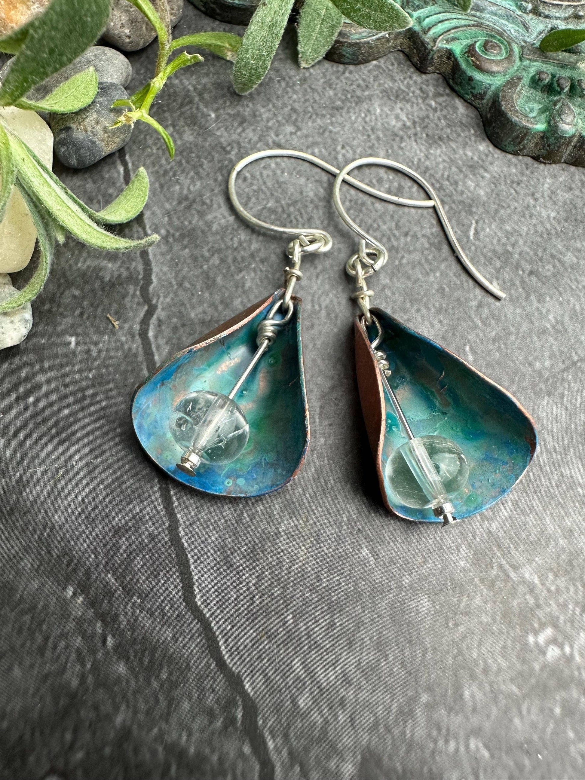 Patina Copper Lily Earrings - Crystal Quartz Bead Dangles